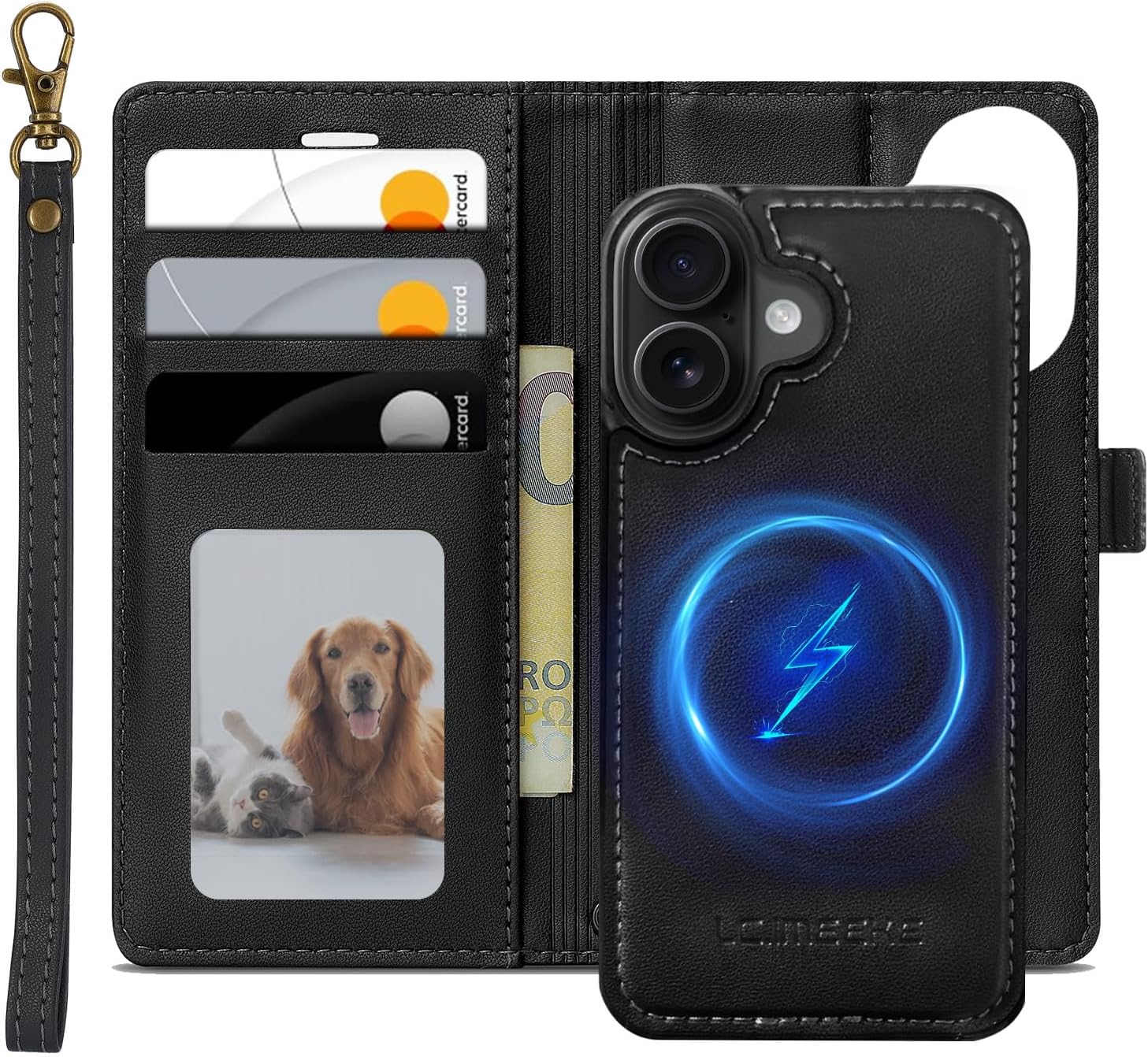 Detalle de XTCASE Magnétique Coque 2 en 1 pour iPhone 16 – Porte-feuille PU Noir avec MagSafe