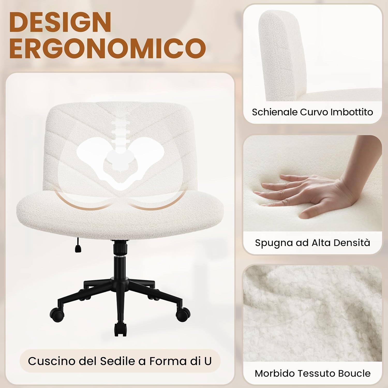 Detalle de Yaheetech Sedia Ufficio Girevole Senza Braccioli in Tessuto Bouclé Avorio, seduta ampia e schienale reclinabile con ruote