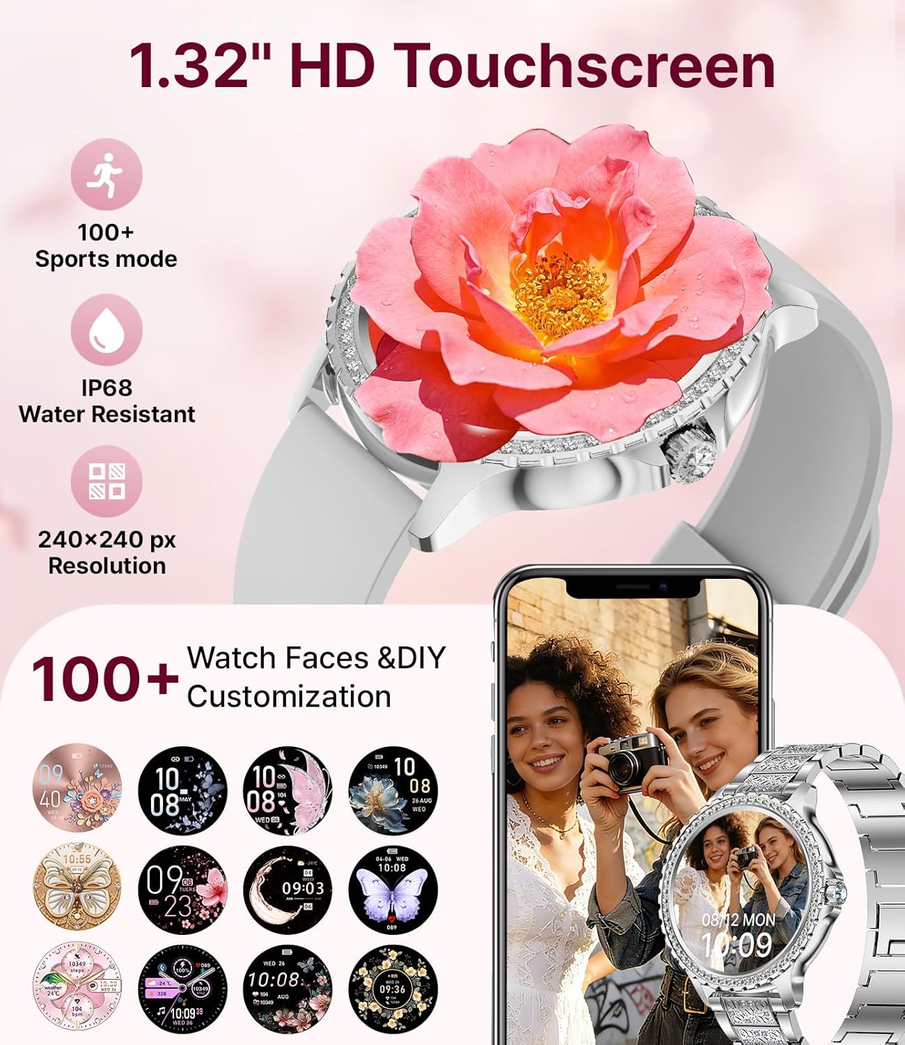 Detalle de LIGE Women's Smart Watch 1.32" HD Diamond Screen with Bluetooth Calls and Heart Rate Monitoring