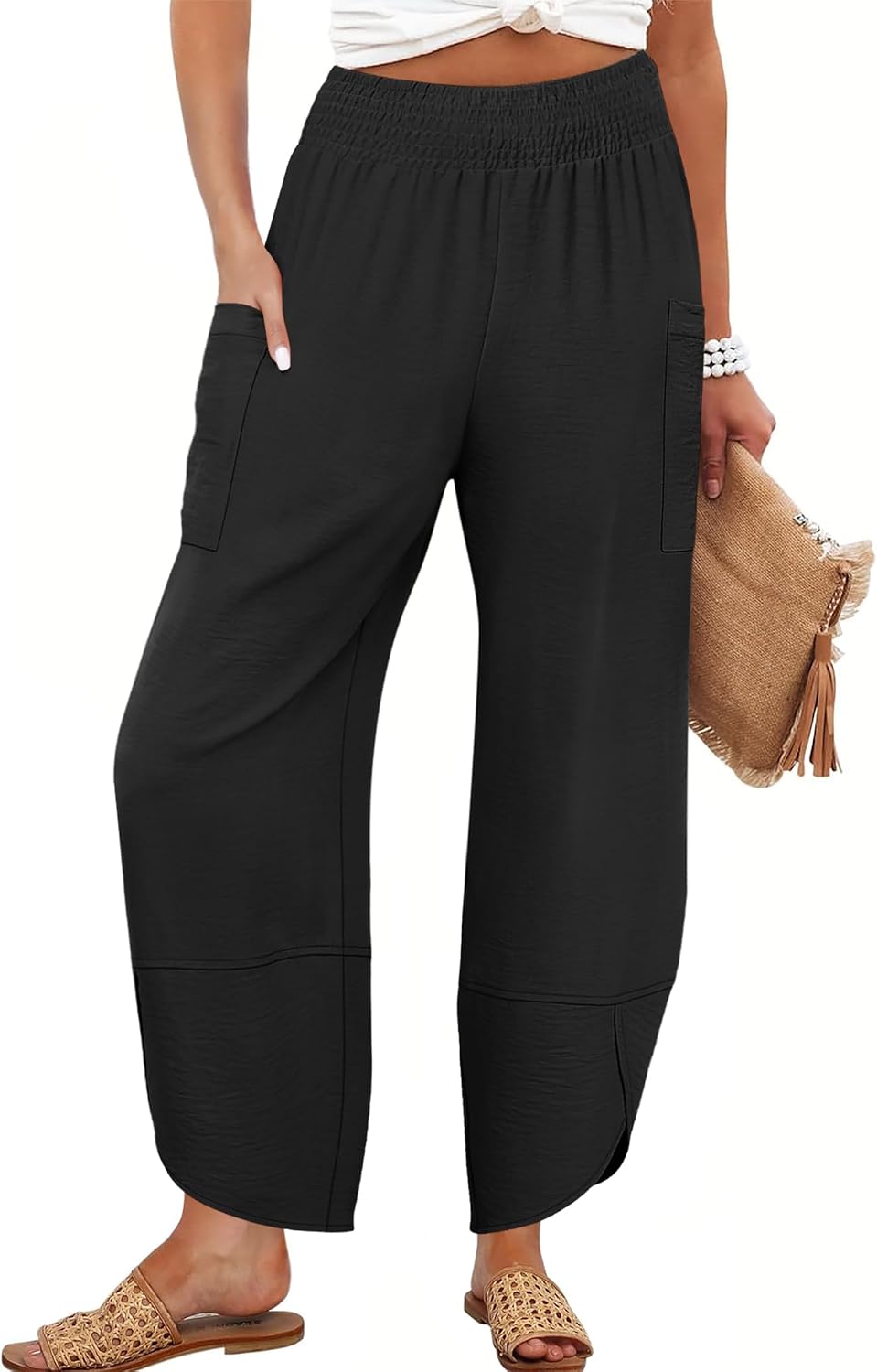 Detalle de ANRABESS Women’s Capri Palazzo Wide-Leg Pants with Smocked High Waist