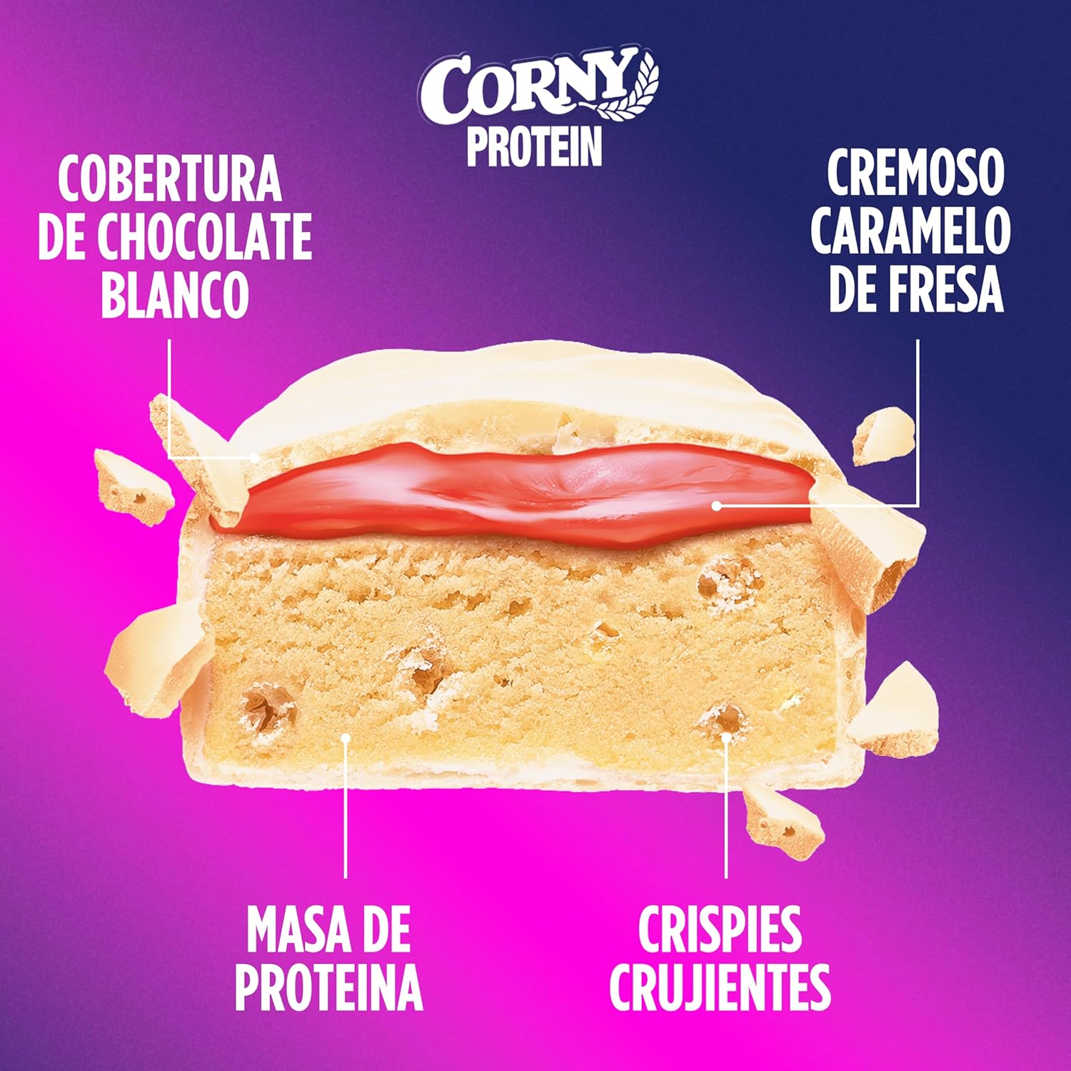 Detalle 2 de Corny Protein Soft 🍫🌸 Barritas Proteicas Chocolate Blanco y Fresa, 30% Proteína