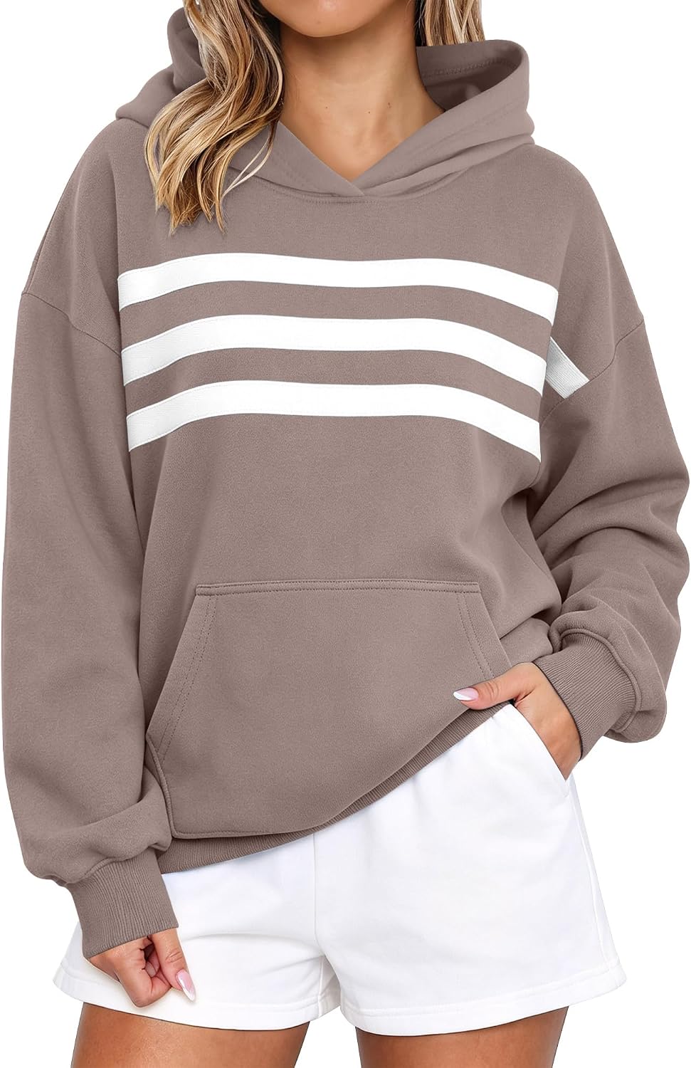 Detalle de onlypuff Women's Striped Oversized Fleece Hoodie Pullover