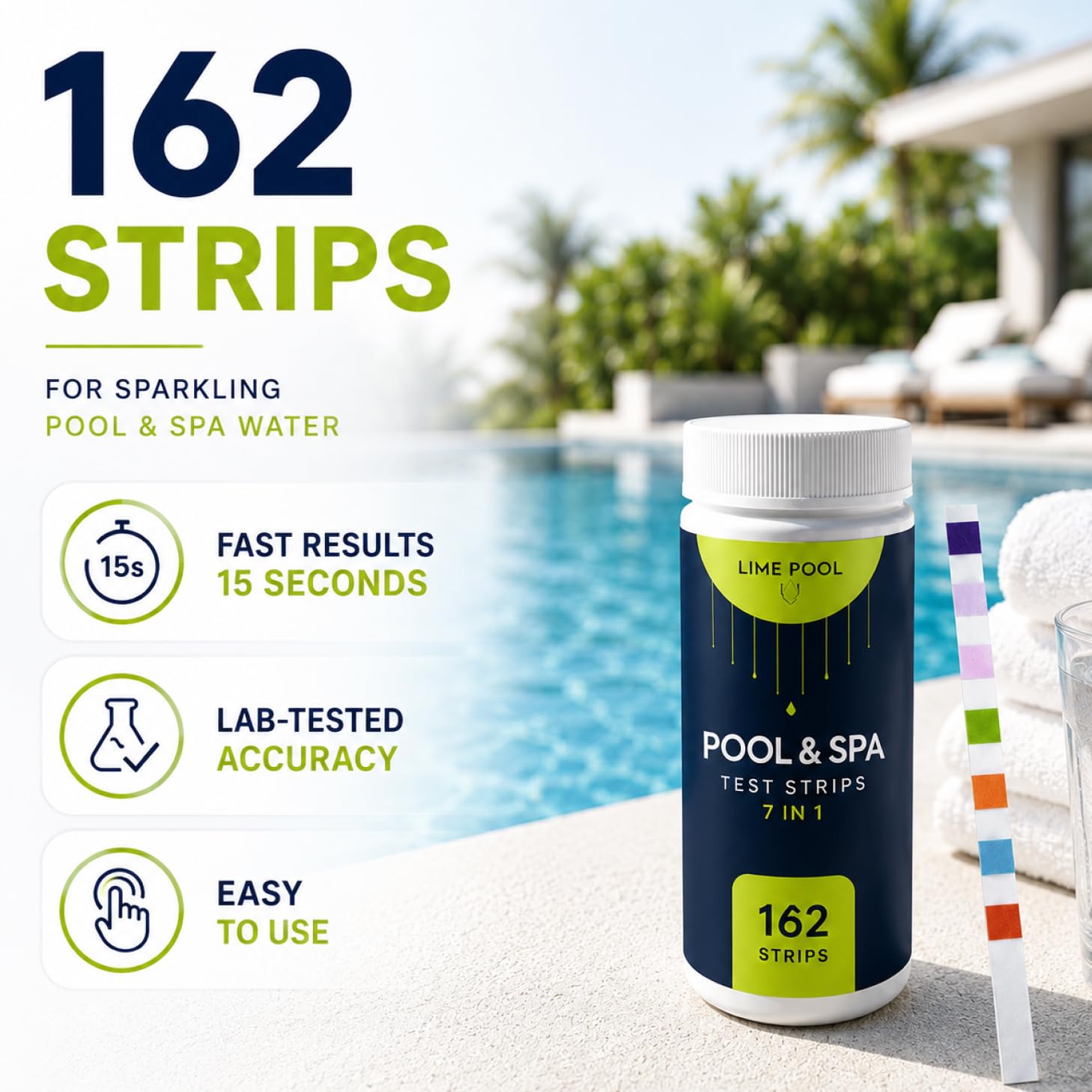 Detalle de LIME POOL PTS-01 7-Way Pool Test Strips, 162-Count Water Testing Kit