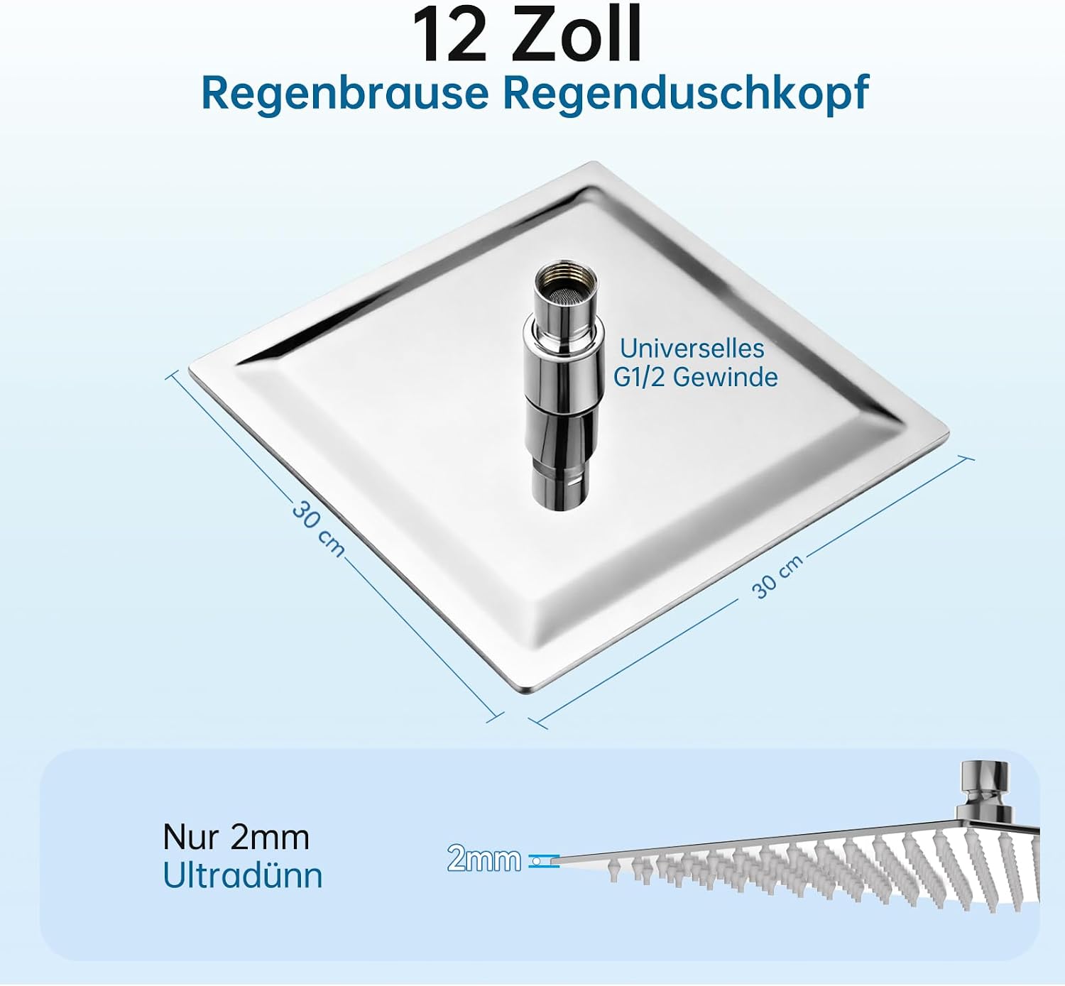 Detalle de HAUSPROFI Antikalk-Duschkopf quadratisch 12 Zoll – Regenduschkopf aus Edelstahl, poliertes Chrom