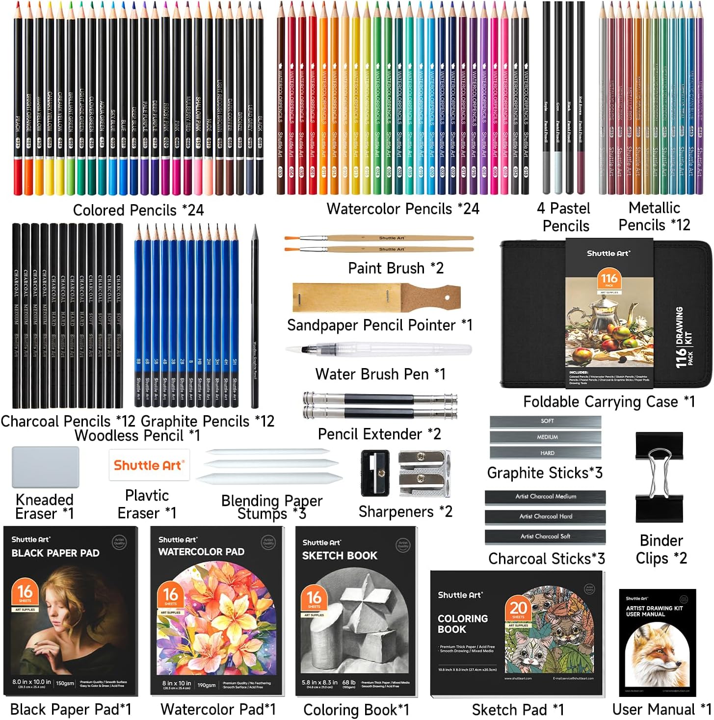 Thumbnail 1 de 116 Pack Sketching and Drawing Pencils Set by Shuttle Art (SA SS116) with 4 Pads