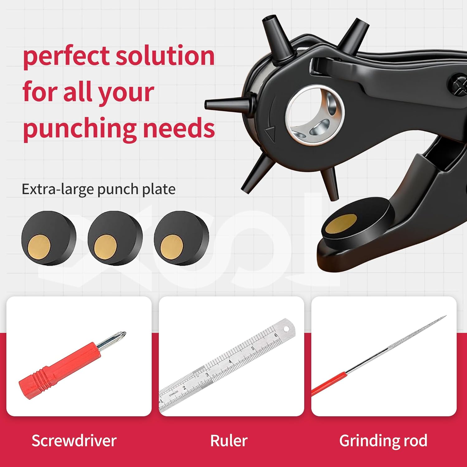 Detalle de XOOL Leather Hole Punch Plier – Heavy-Duty Rotatable Belt Hole Puncher with 6 Sizes