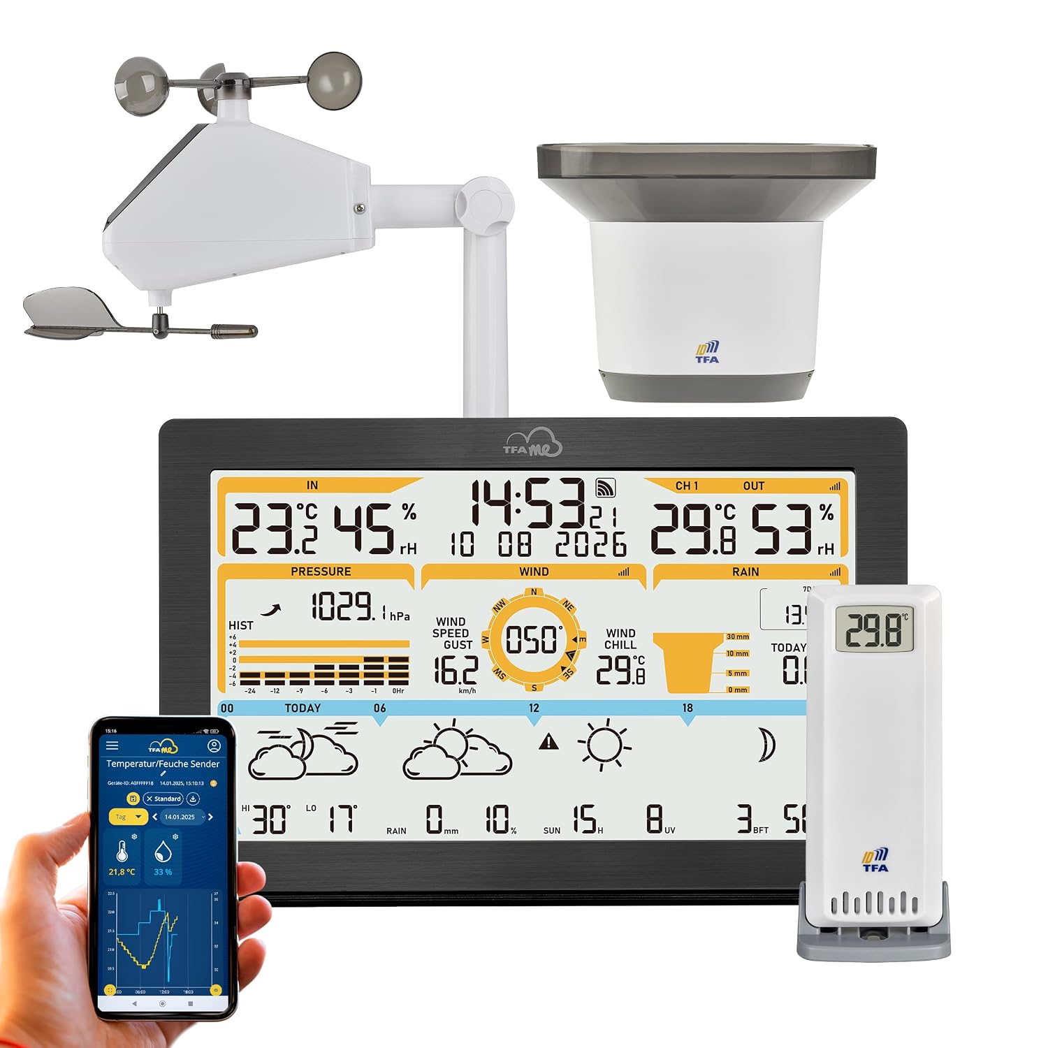 Stazione meteorologica WLAN ID-05 8‑in‑1 di TFA Dostmann con sensore esterno: previsioni Meteo professionali e monitoraggio interno/esterno