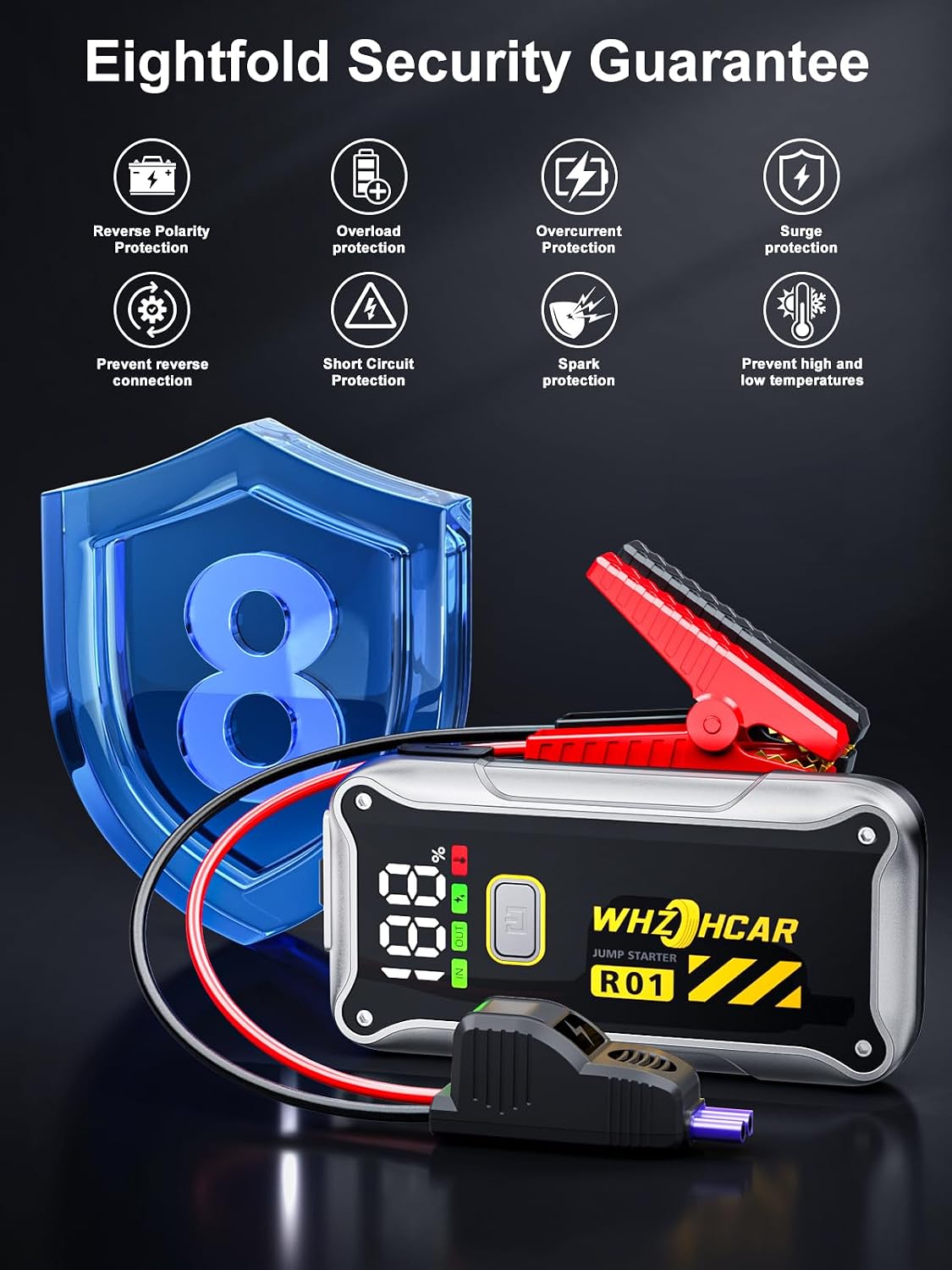 Detalle de Starthilfe Powerbank 4000A Tragbare Auto-Starthilfe 12V mit LCD-Display & LED-Licht