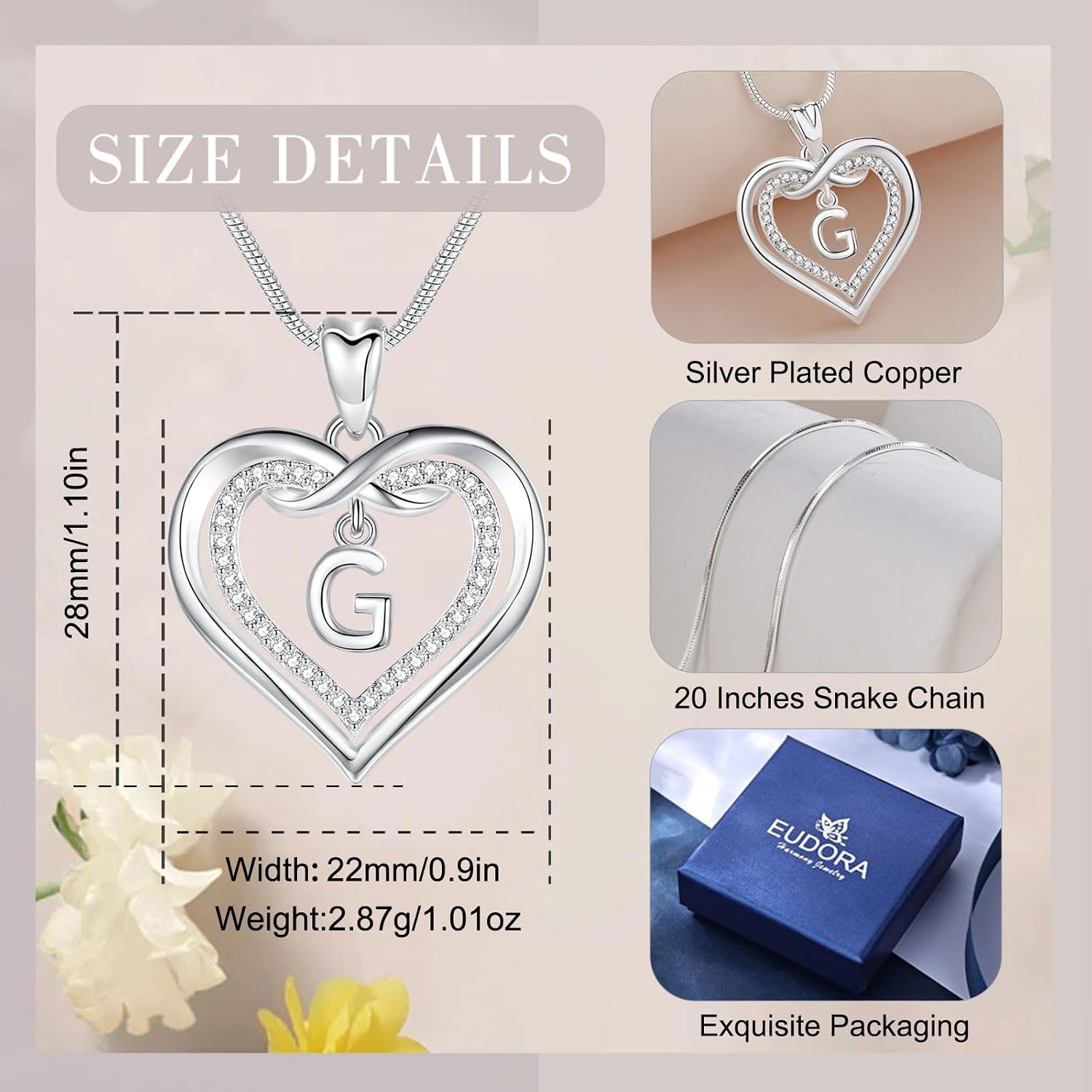Thumbnail 6 de EUDORA Harmony Ball Collier initiale cœur en argent – pendentif lettre cœur avec zircon cubique (51 cm)