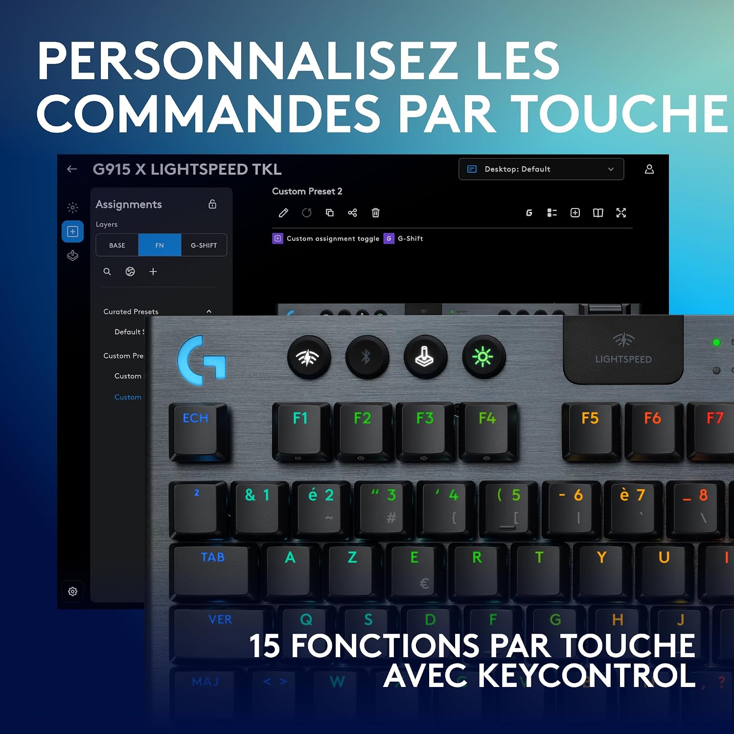 Detalle de Logitech G G915 X LIGHTSPEED TKL Clavier gaming sans fil ultra-plat, FRA AZERTY – GL Clicky Blue