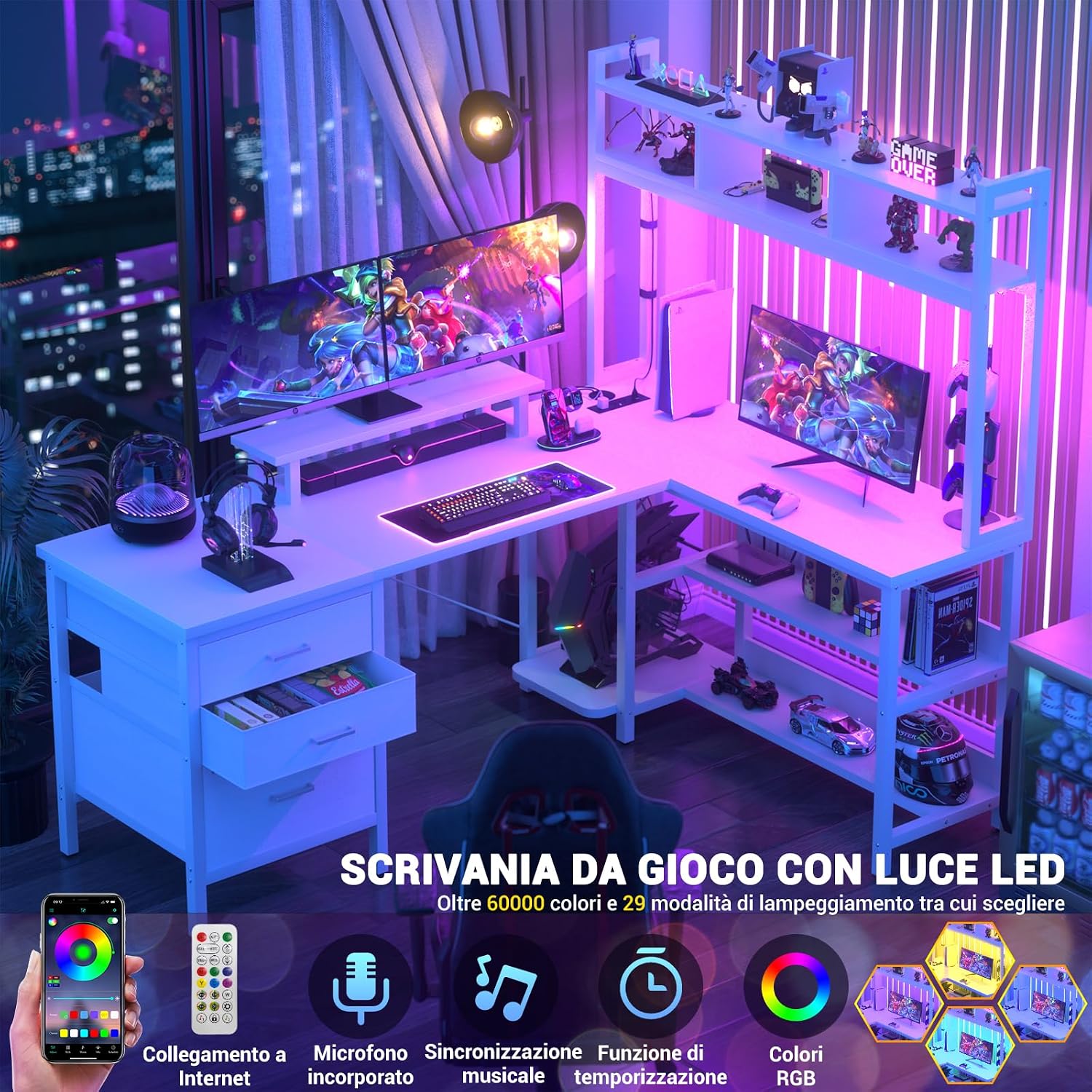 Detalle de iSunirm Scrivania portaoggetti reversibile con luci LED e prese di corrente, bianco (150 x 87 x 150 cm)