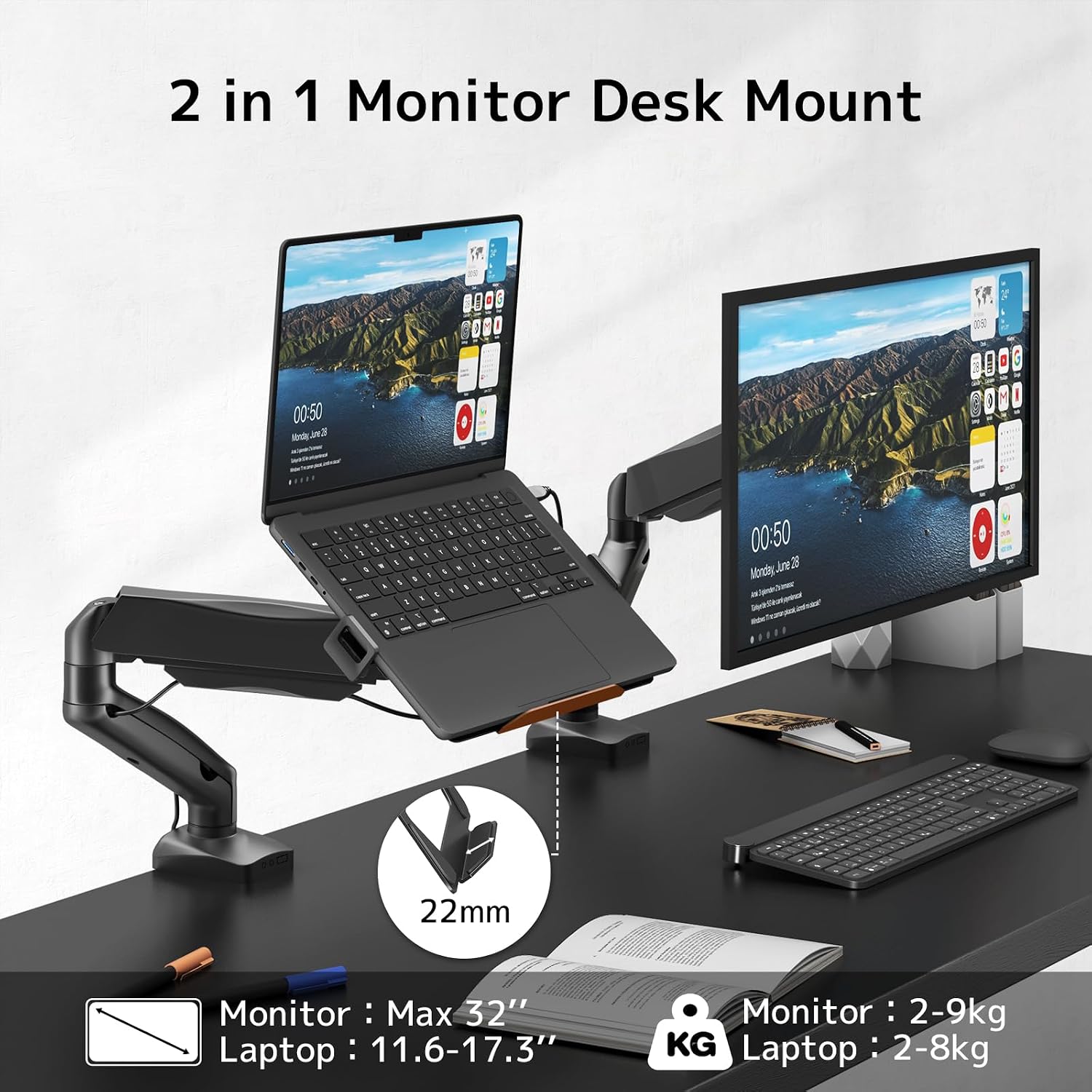 Detalle 2 de STANDOPIA 2-in-1 Laptop-Halterung & Monitor-Ständer für Schreibtisch bis 9 kg, VESA 75/100 mm