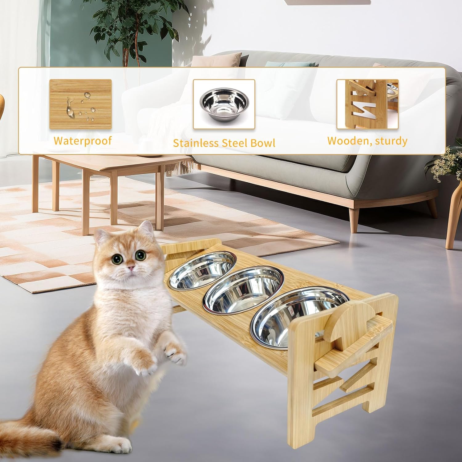 Detalle 2 de Tilted Elevated Cat Bowls with Stand - Bamboo & Stainless Steel Feeding Station