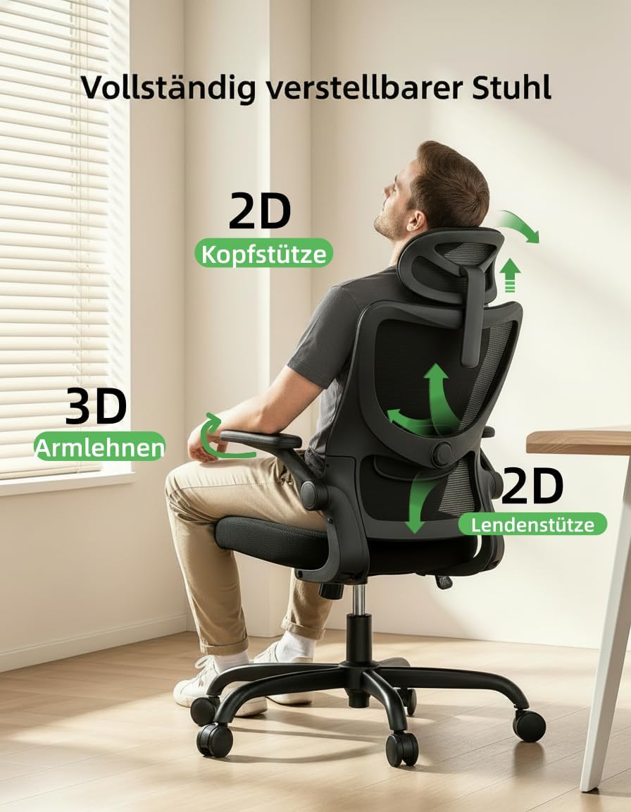 Detalle de Marsail ergonomischer Bürostuhl mit verstellbarer Lordosenstütze, Kopfstütze und 2D-Armlehnen (schwarz)