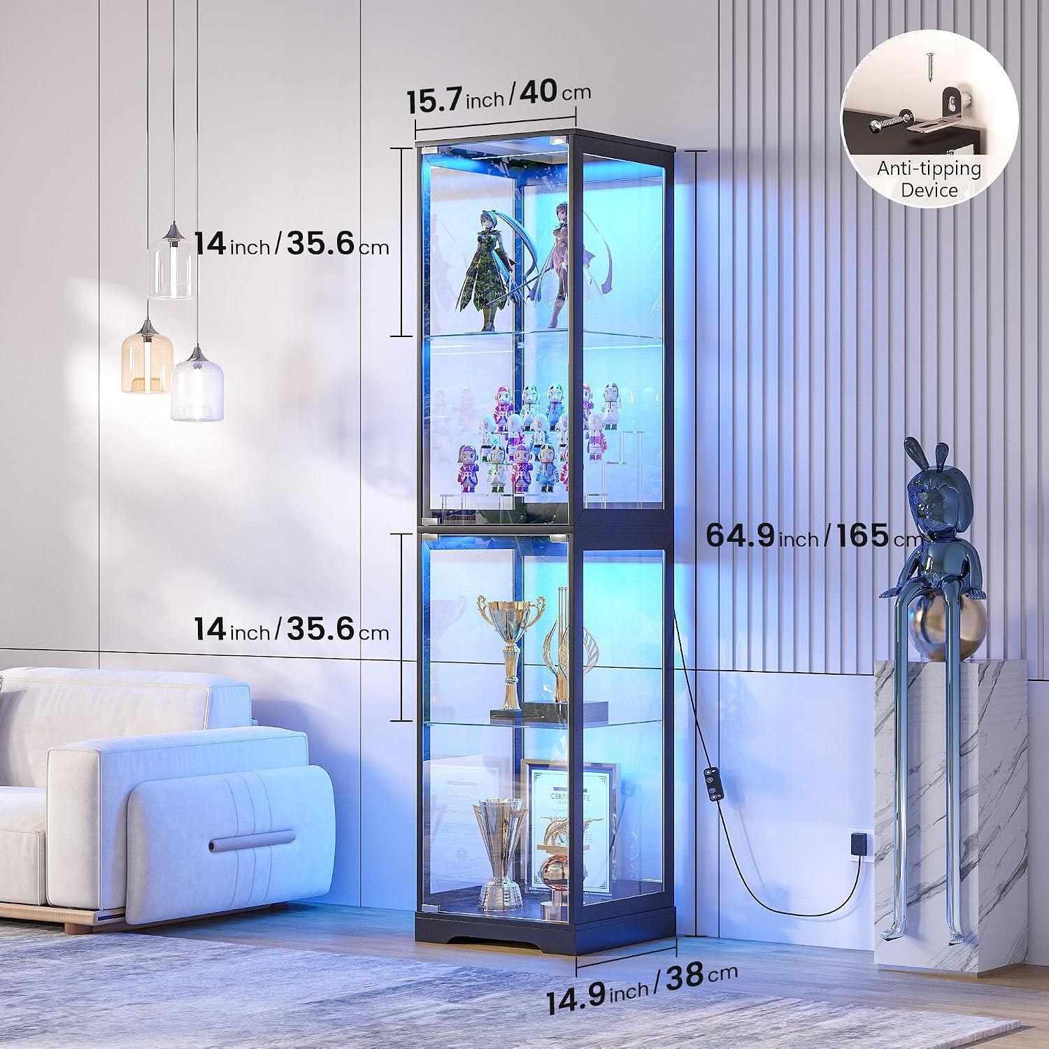 Detalle 2 de TAGELIER 97094 Glass Display Cabinet with 3-Color LED Lighting, Black