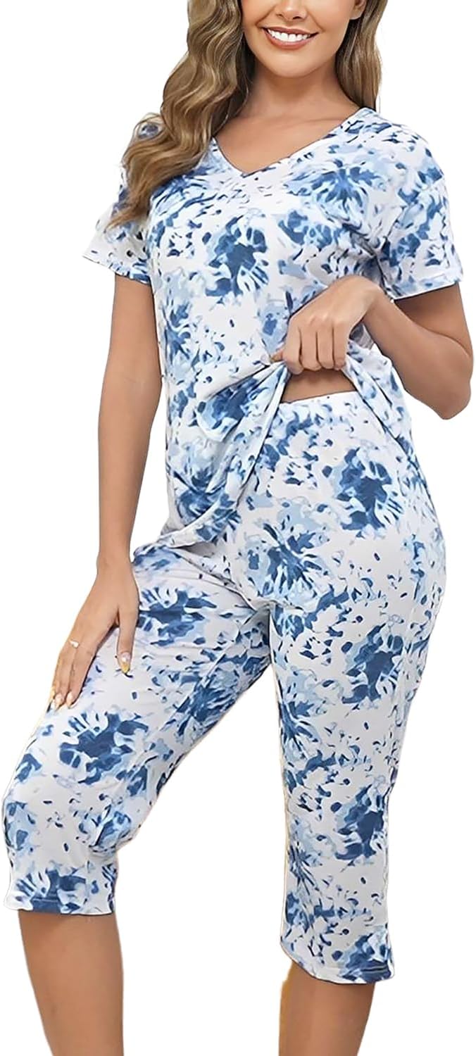 Thumbnail 3 de Inadays Women’s Cotton Pajama Sets (Short Sleeve Top + Capri Pants) – 2-Piece Summer Lounge Set