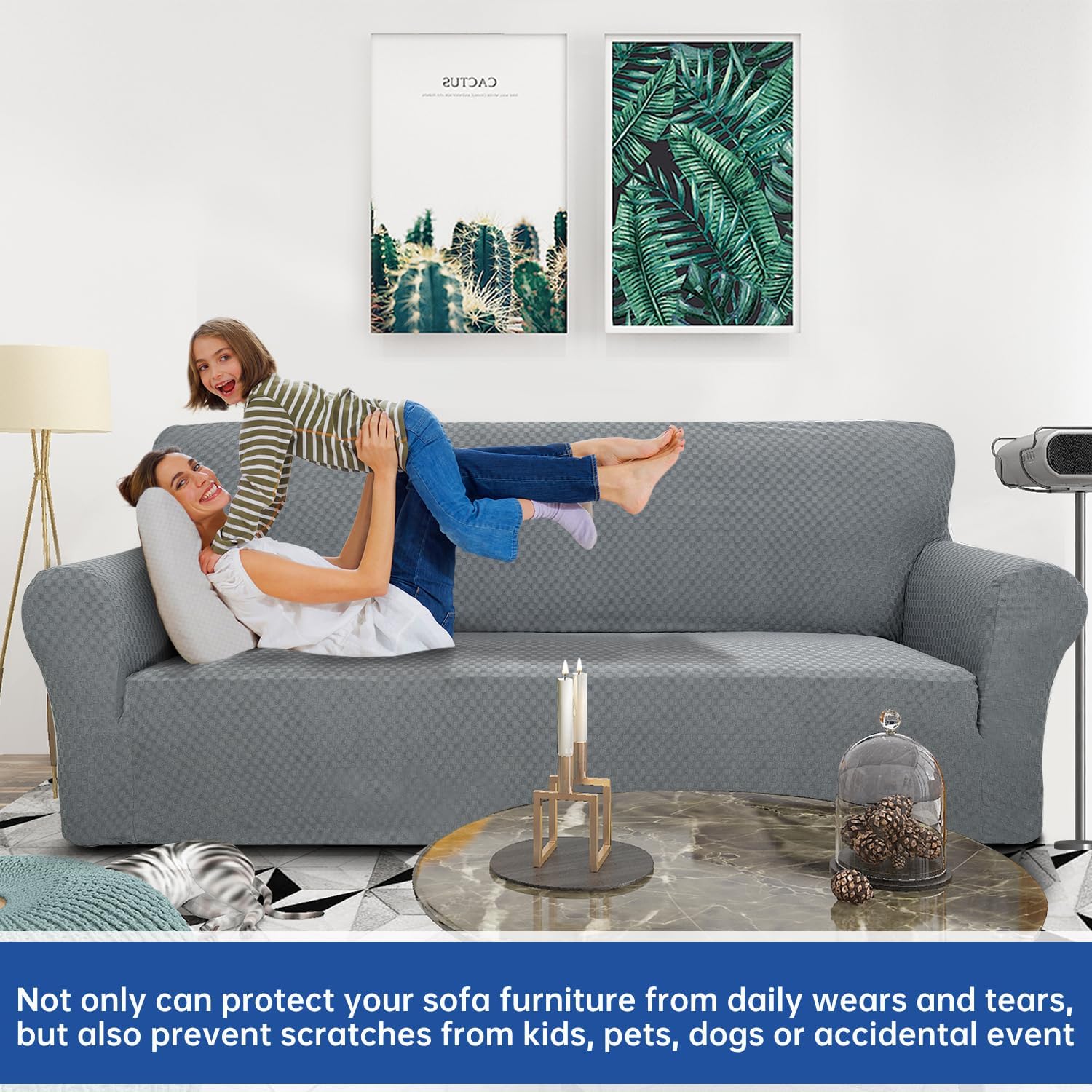 Thumbnail 1 de YEMYHOM XL Jacquard Sofa Cover, Light Grey Stretch Fabric