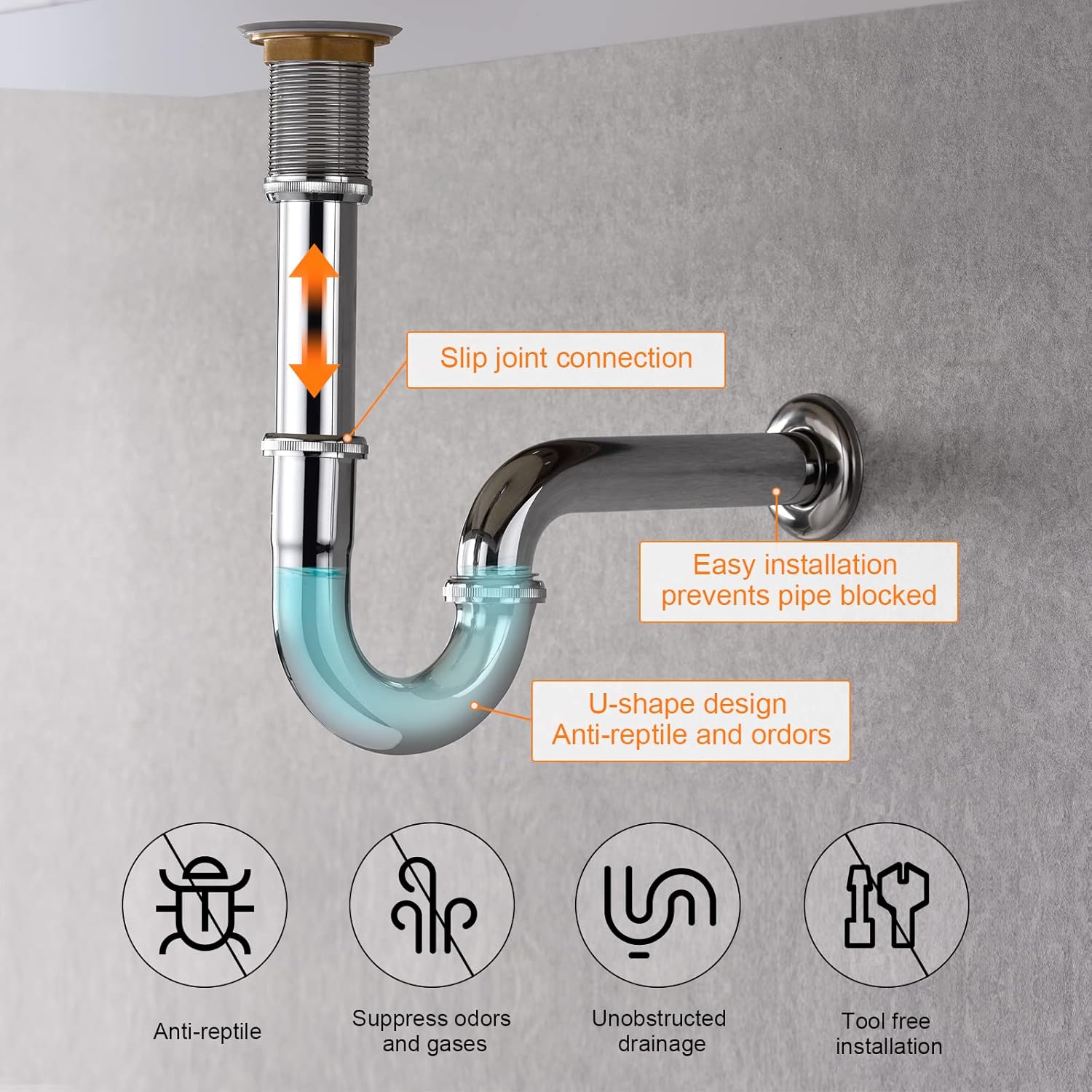 Detalle de Ibergrif sifone per lavabo in acciaio inox M20506 (1 1/4" x 32 mm) con guarnizioni in silicone e sistema anti-odore/anti-intasamento