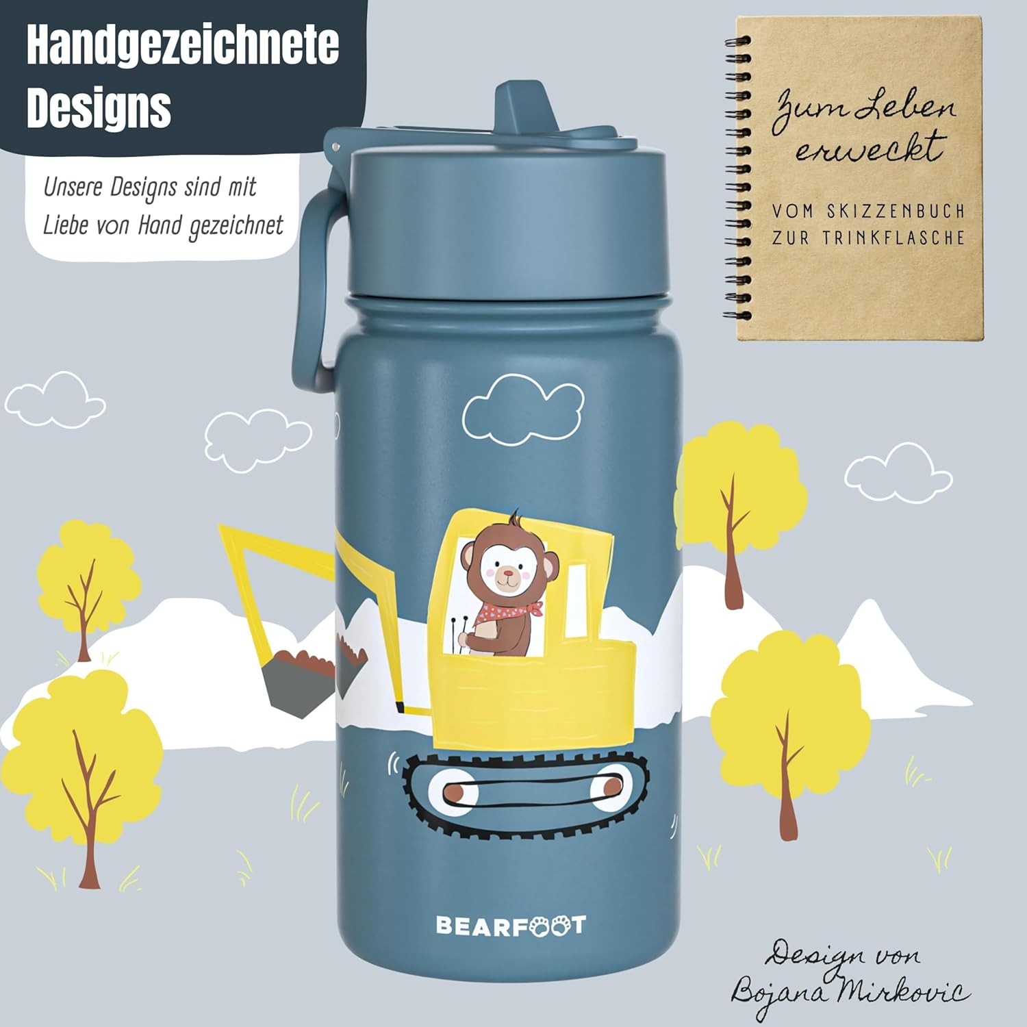 Detalle 2 de BEARFOOT Trinkflasche Kinder Edelstahl 400ml mit Strohhalm – BPA-frei, auslaufsicher, Blau (Bagger Affe)