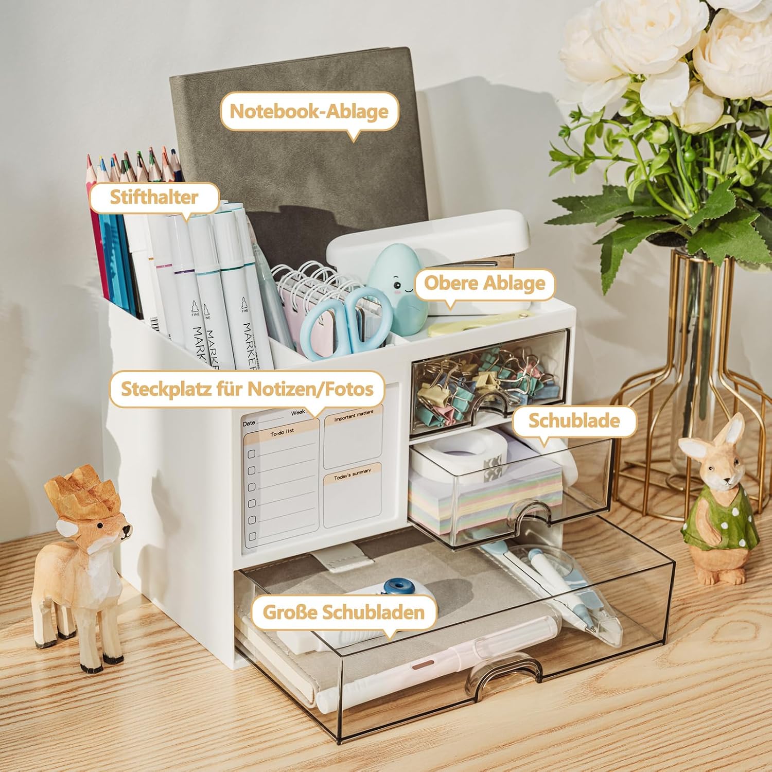 Detalle de RISEMART Schreibtisch-Organizer mit 3 Schubladen und 5 Fächern – Stifthalter, Ablage & stapelbare Ordnung für Büro und Zuhause