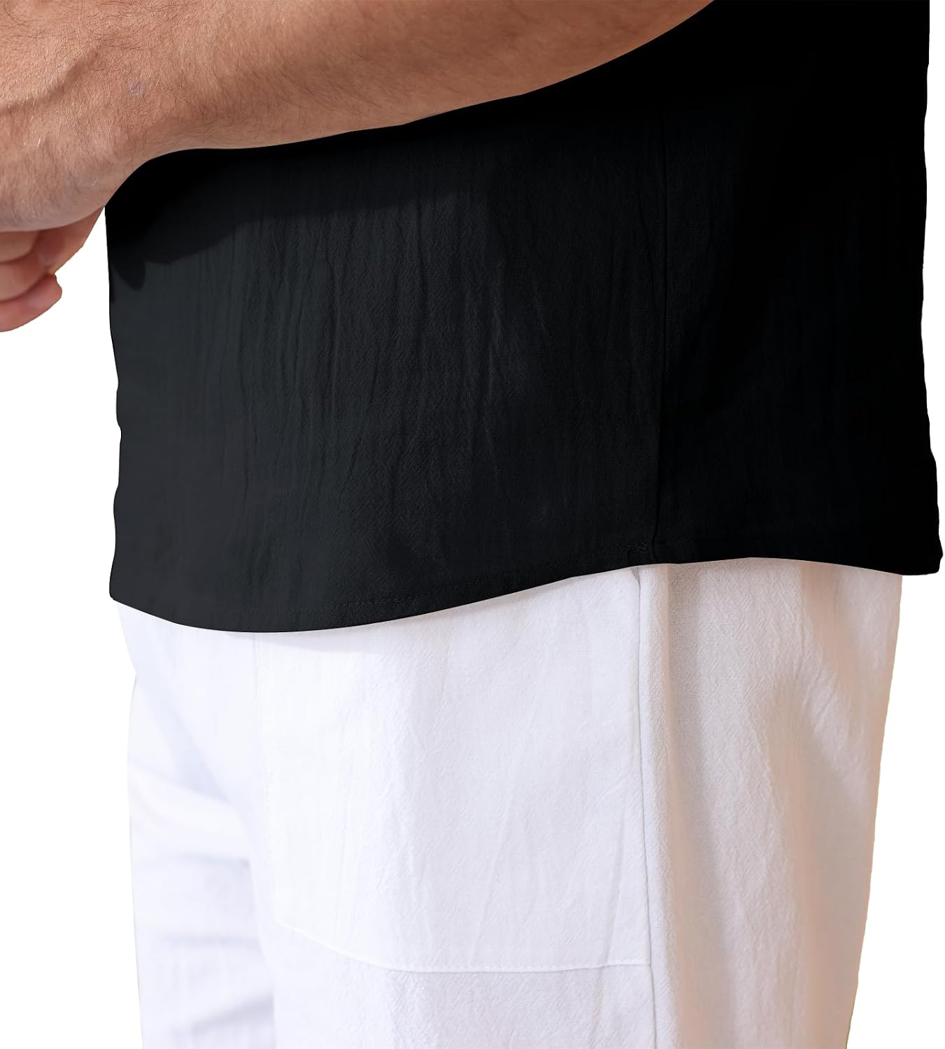 Detalle de YAOBAOLE Chemise Lin Homme Manches Courtes – Henley estival en coton-lin