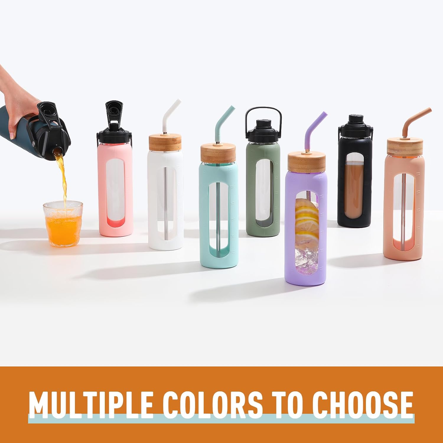 Thumbnail 6 de BLUEGO 700ml borosilicate glass water bottle with straw, 2 lids and silicone protector (black)