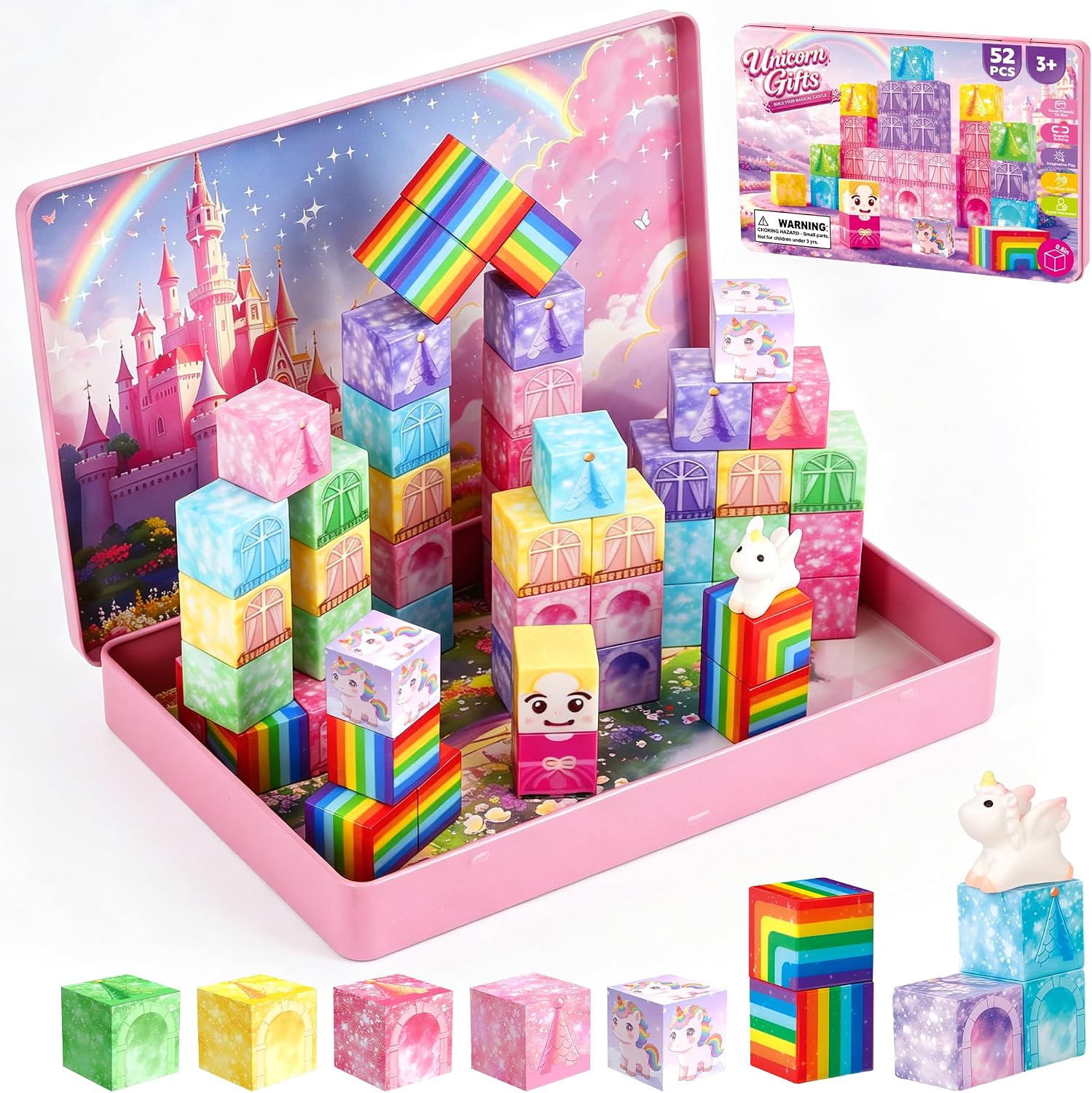 Detalle de Mini Magnetic Blocks Travel Set, 52-Piece Unicorn Building Cubes with Tin Case