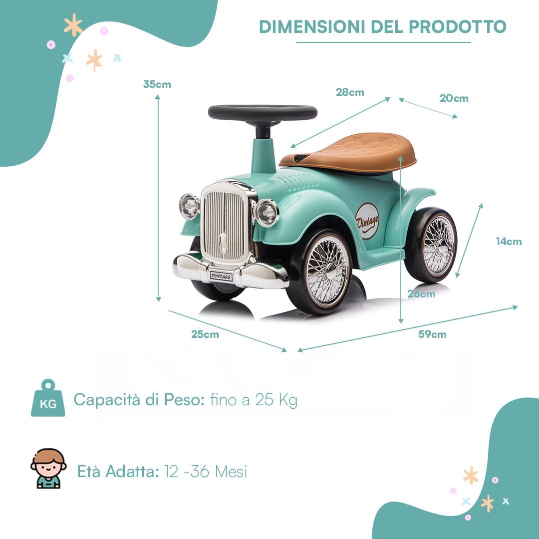 Thumbnail 3 de Baroni Toys Vintage Porteur Voiture pour Enfants – 12 à 36 Mois, klaxon, rangement, 25x59x35 cm (Tiffany)