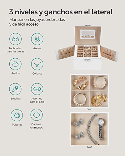 Detalle de Caja Joyero SONGMICS JBC154W01 de 3 niveles con asa, espejo y cerradura – Blanco clásico