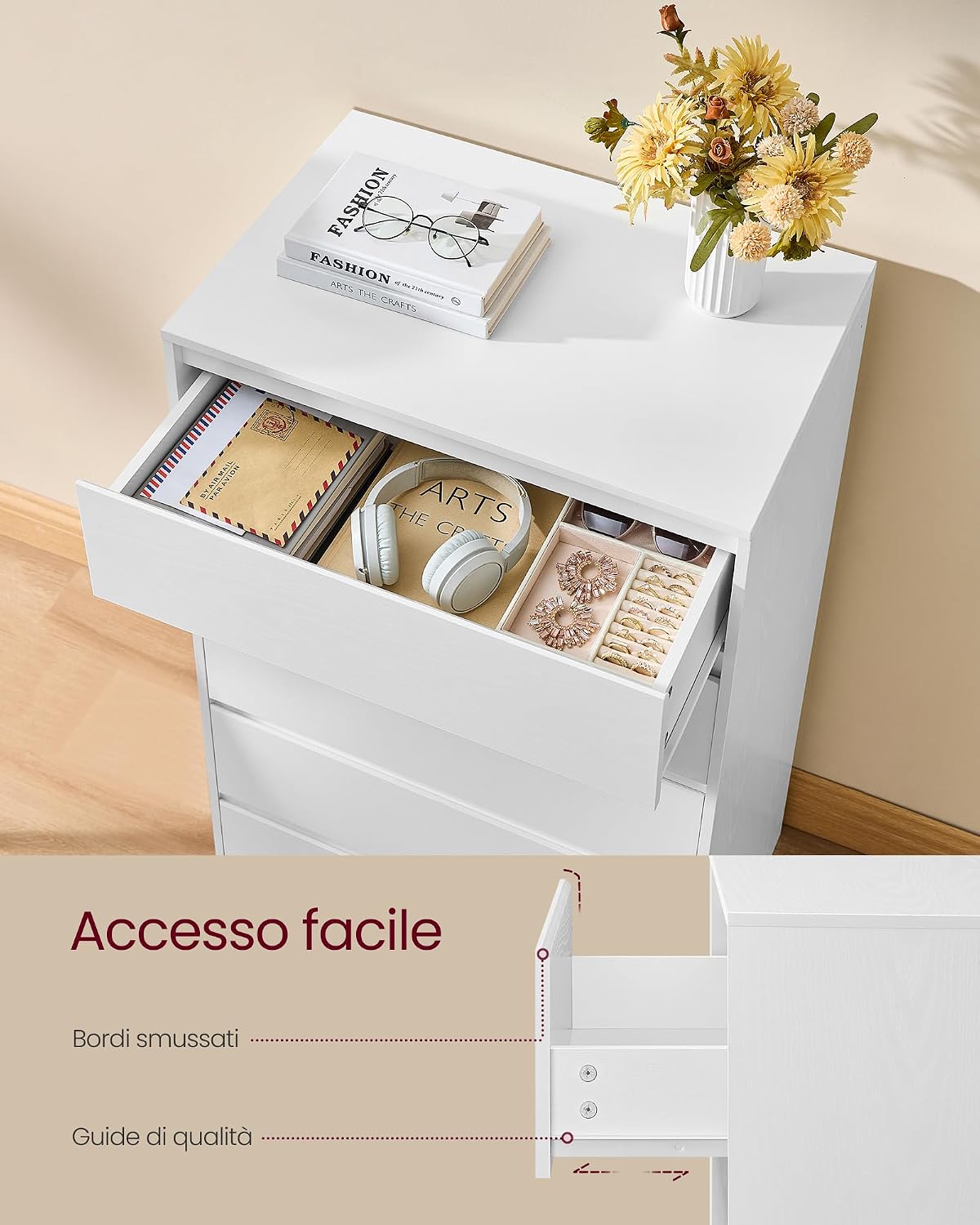 Detalle de VASAGLE KAILYN Collezione – Cassettiera a 6 cassetti in bianco neve, stile moderno