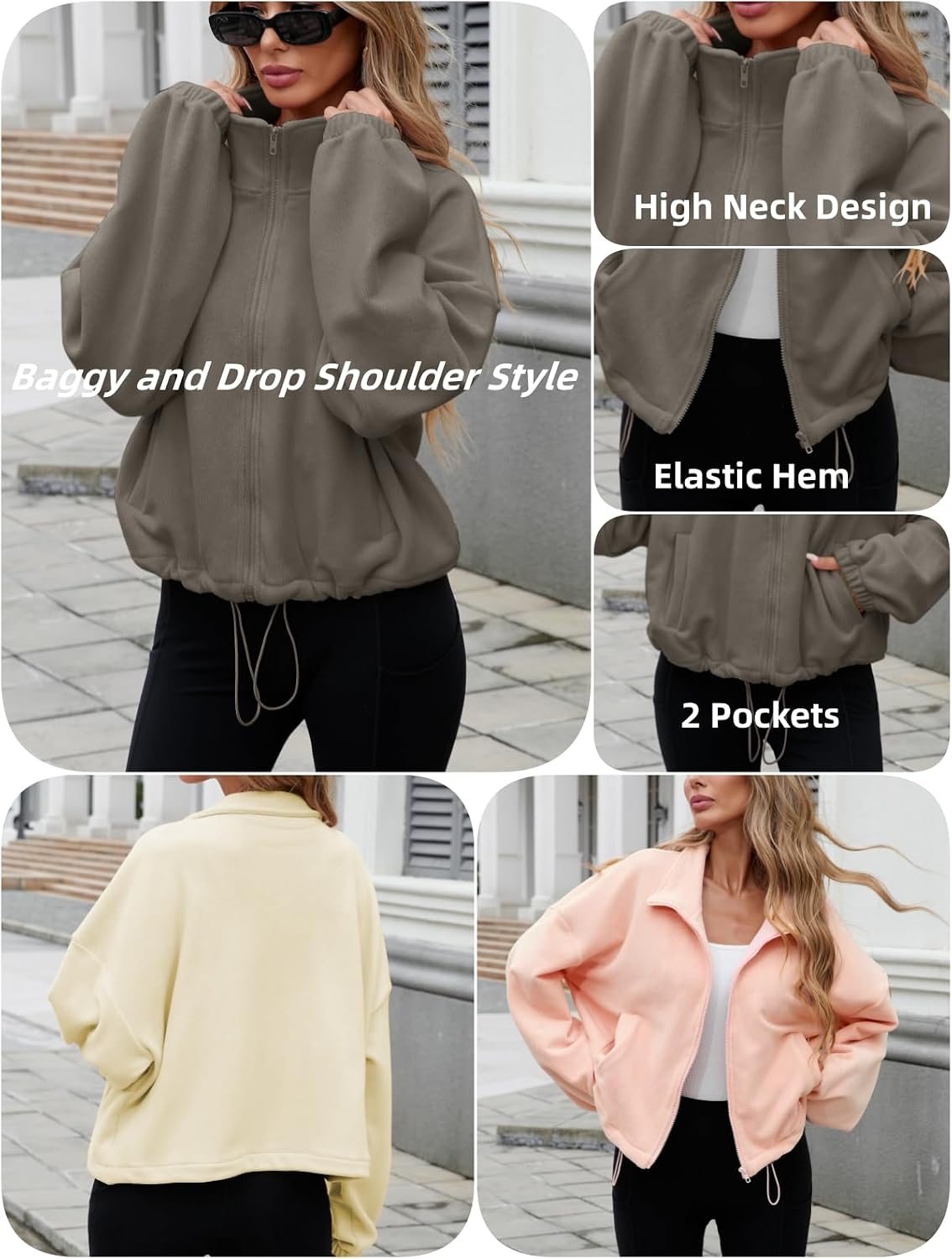 Thumbnail 4 de Famulily women’s drawstring hem full-zip fleece cropped sweatshirt jacket with pockets (S–XL)