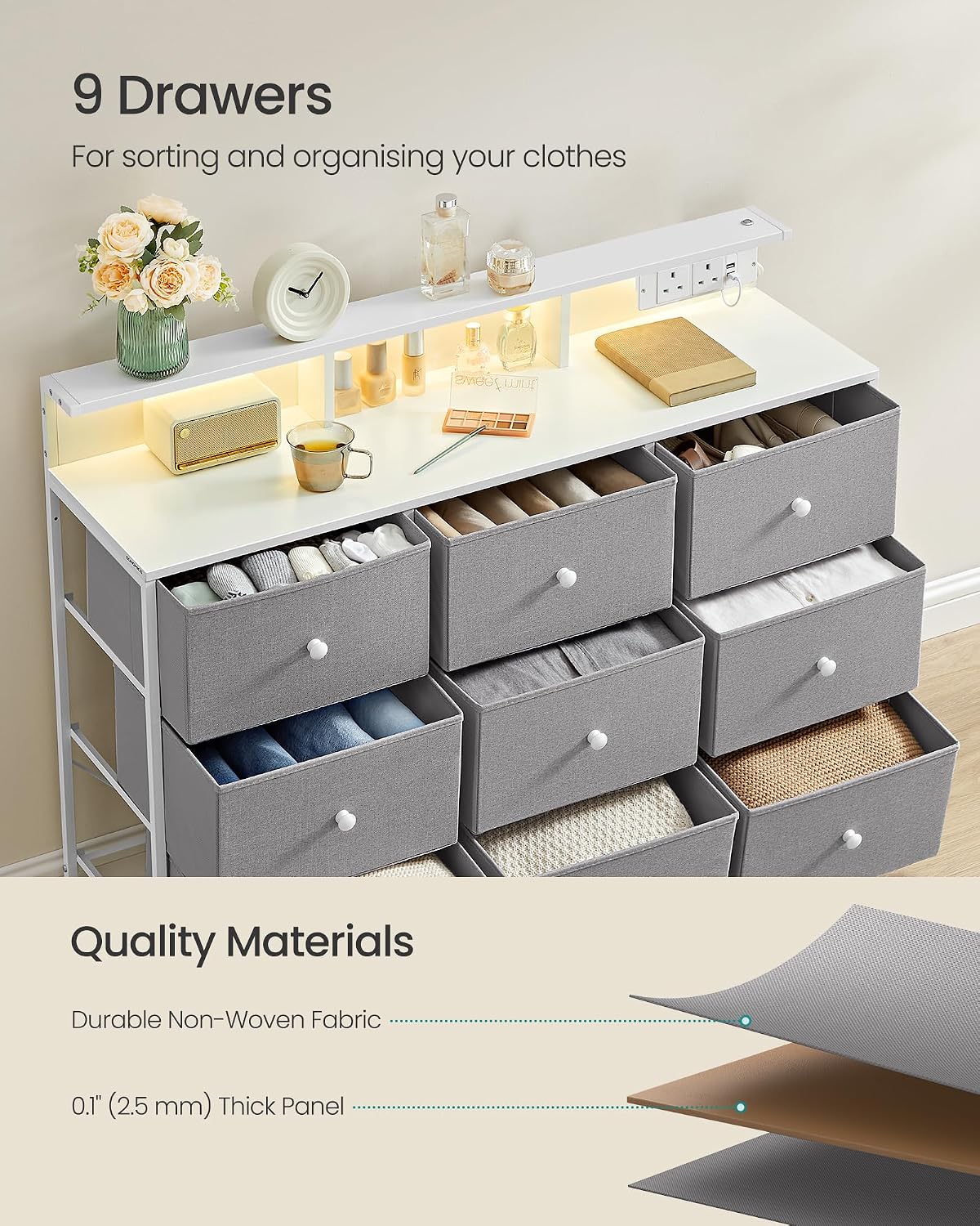 Detalle de SONGMICS BELLAH LTS519G02 9-Drawer Chest with LED Lights and Charging Station