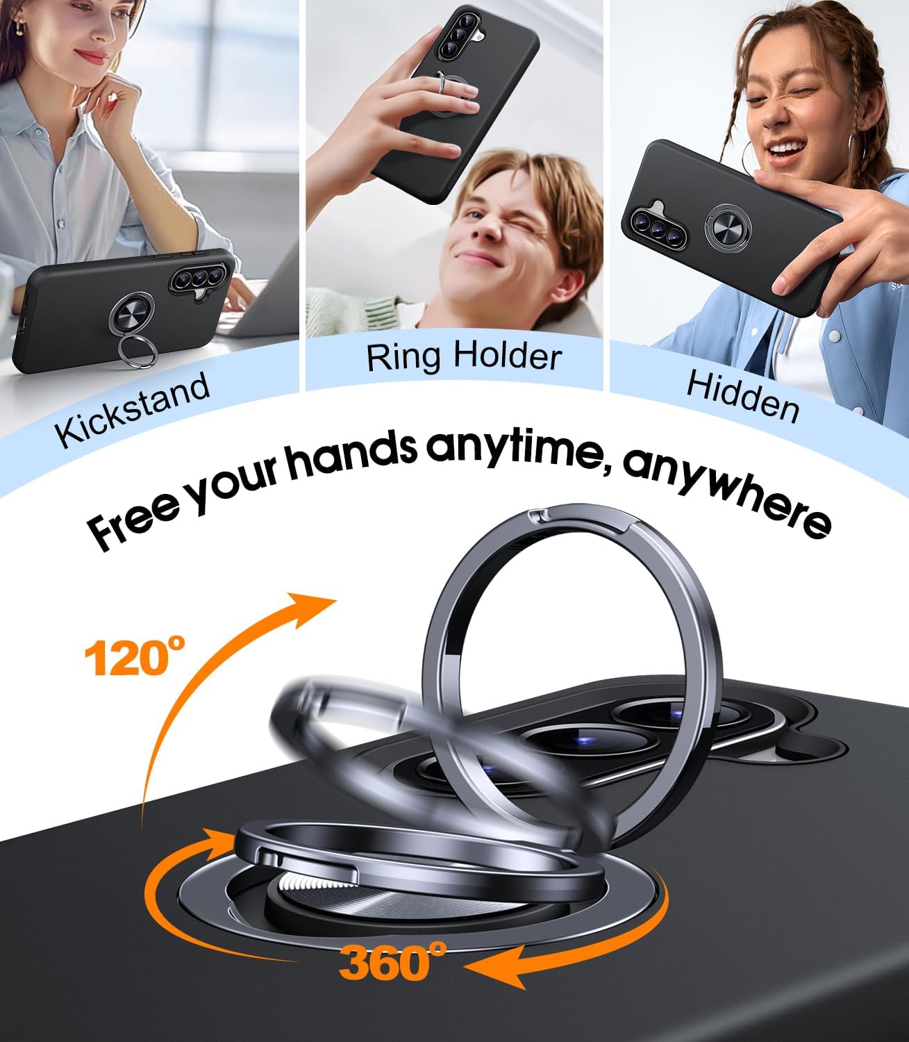 Thumbnail 2 de AOUIA case for Samsung Galaxy A57 5G with 2-pack screen protector, 360° rotating ring kickstand – Black