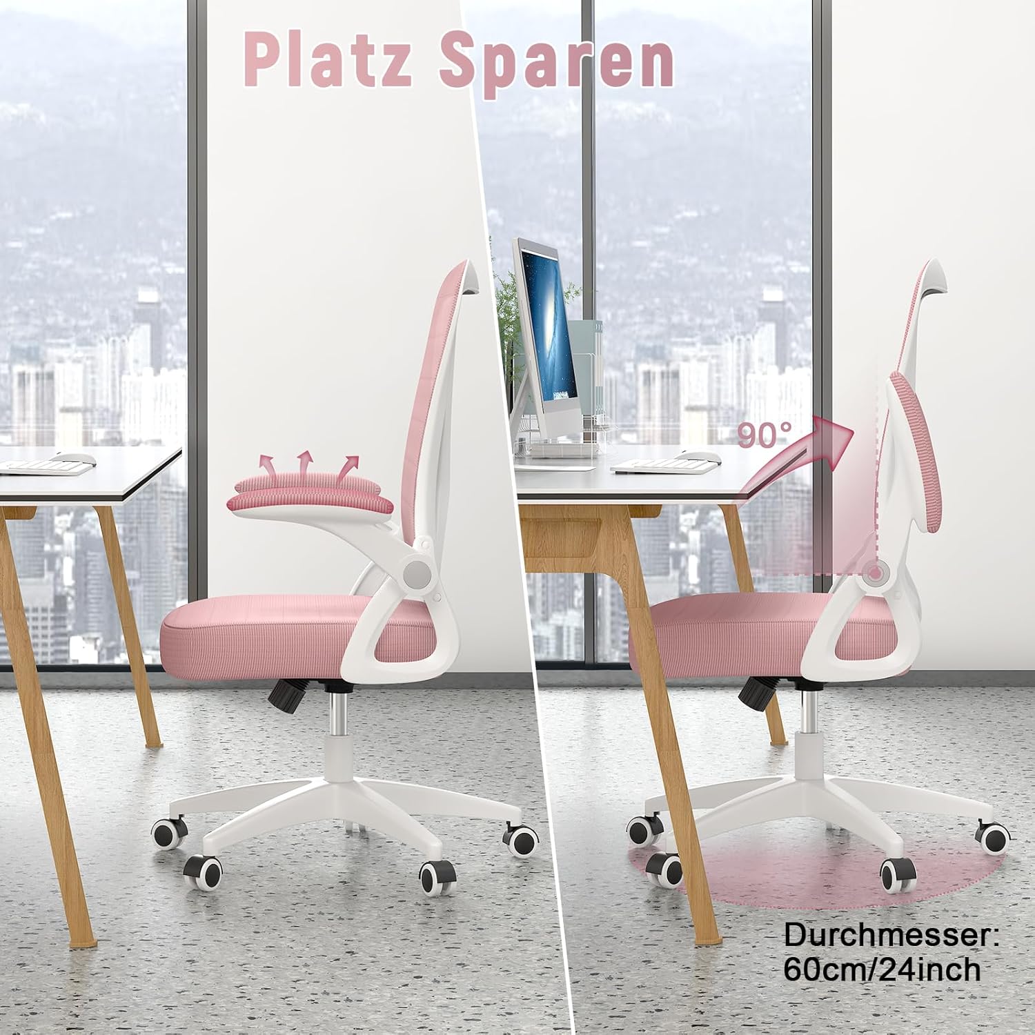 Thumbnail 5 de Naspaluro Bürostuhl mit verstellbaren Armlehnen – ergonomisch, Netzrücken, Lordosenstütze, rosa