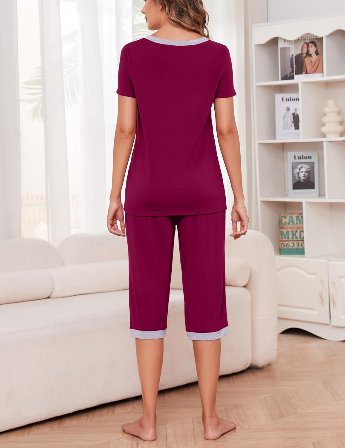 Thumbnail 2 de Actcat Damen-Schlafanzug Zweiteiler mit V-Ausschnitt, Kurzarm-Top und 3/4-Hose