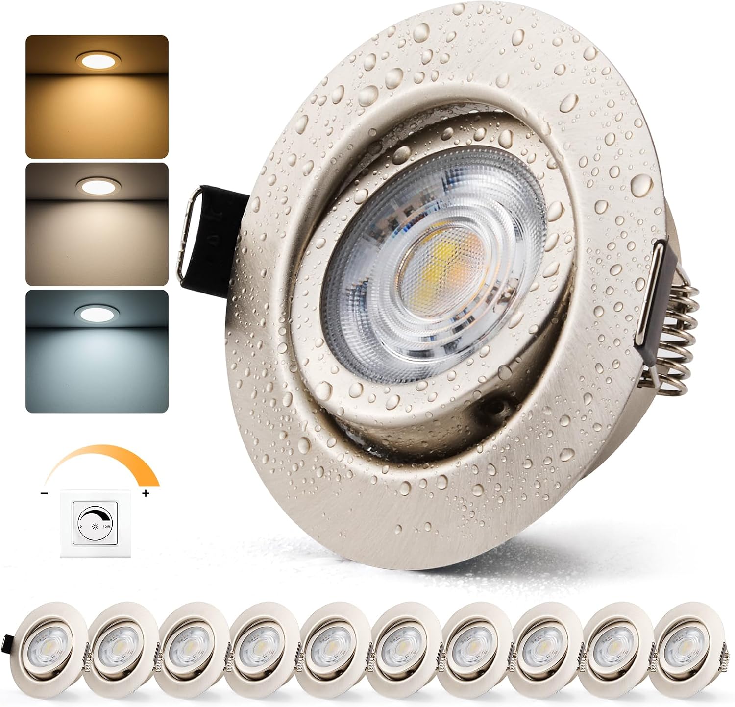Detalle de Bojim infällda LED-spotlights, 6 W, IP44, dimbara i tre vita toner, 10-pack