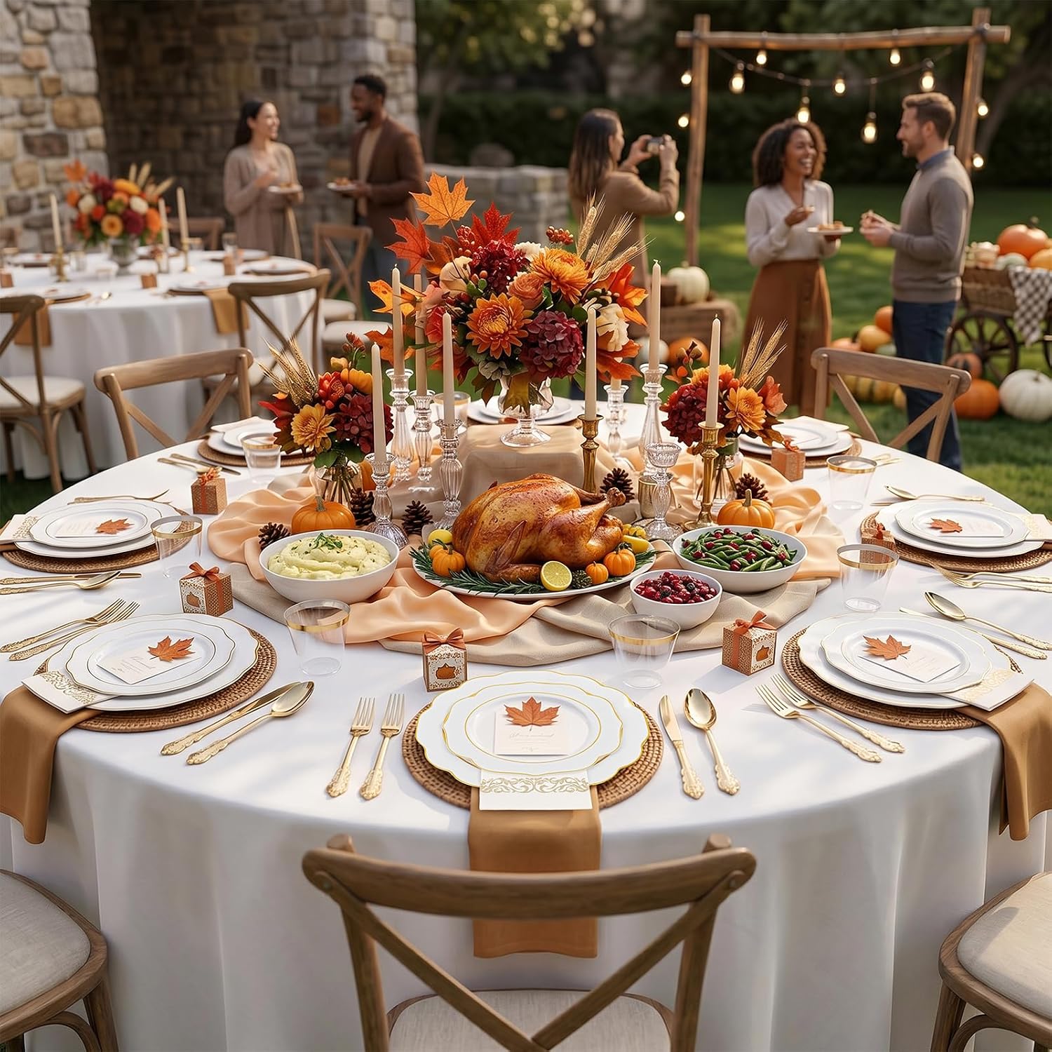 Thumbnail 6 de NOCCUR 175-Piece White and Gold Plastic Dinnerware Set with Flower-Shaped Plates