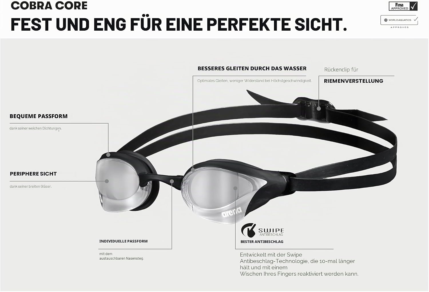 Detalle 2 de arena Cobra Core Swipe Mirror Wettkampf-Schwimmbrille, Unisex – 5 Nasenstege, Anti-Beschlag & UV-Schutz