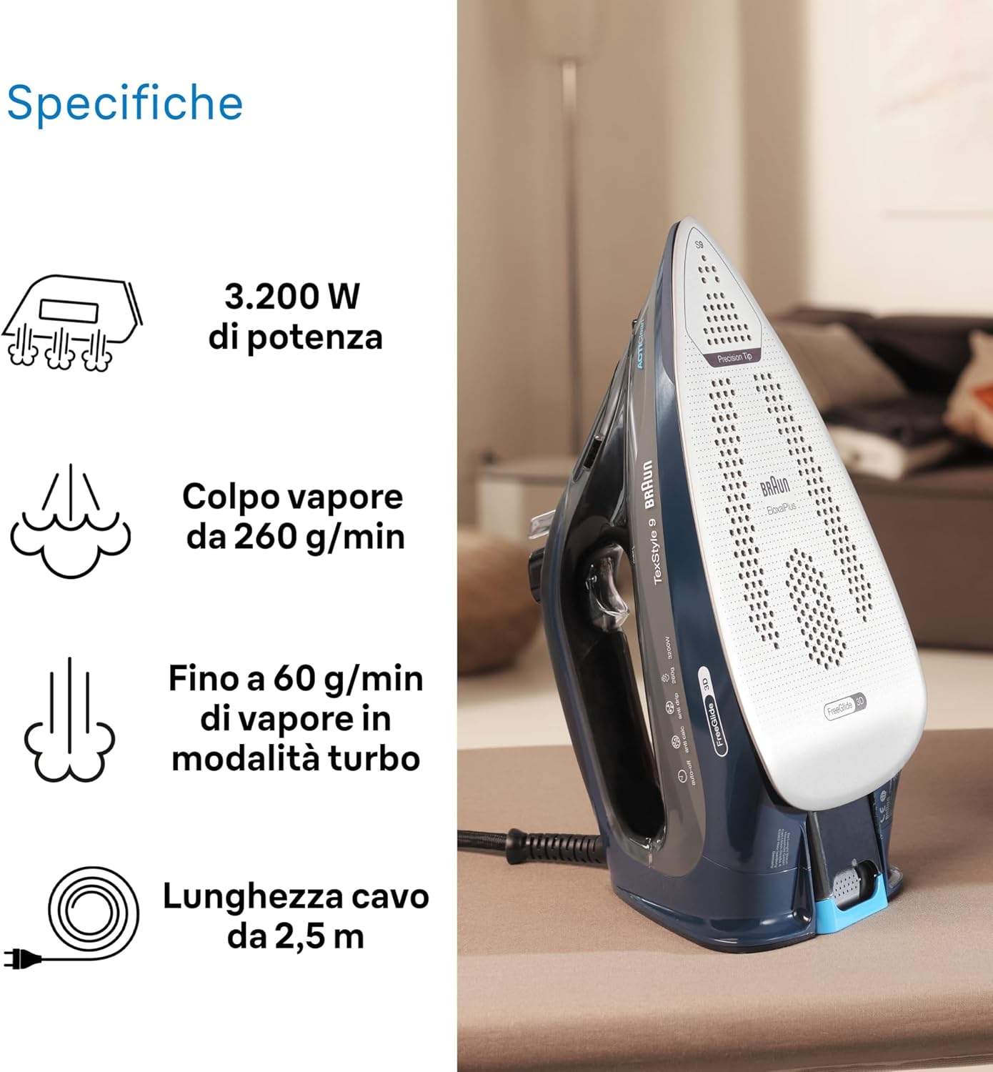 Detalle de Braun TexStyle 9 SI9682DB: ferro da stiro a vapore con tecnologia 3D FreeGlide e iCare