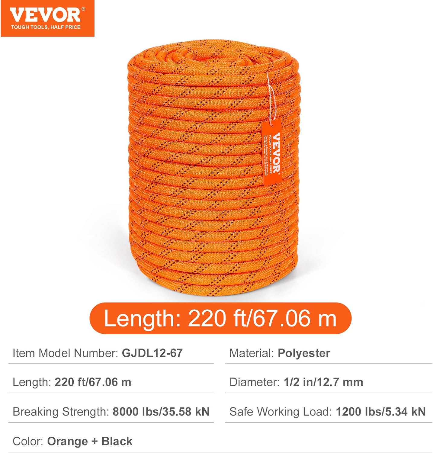 Thumbnail 6 de VEVOR 1/2 in Double Braided Polyester Rope