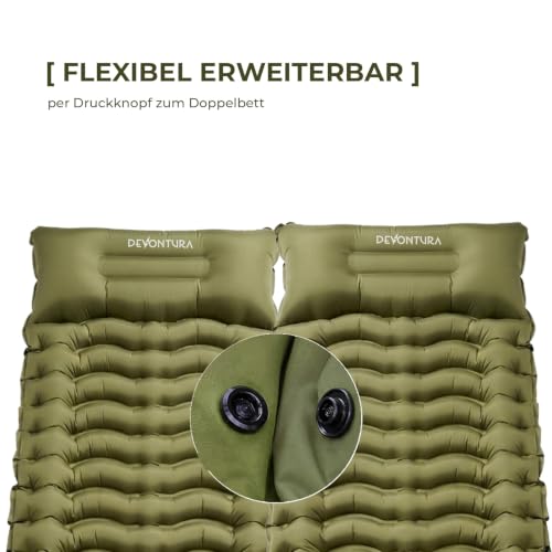 Detalle 2 de DEVONTURA Aufblasbare Isomatte mit Fußpumpe & Kissen – 10 cm Liegehöhe, 195x68 cm, kompakt & robust