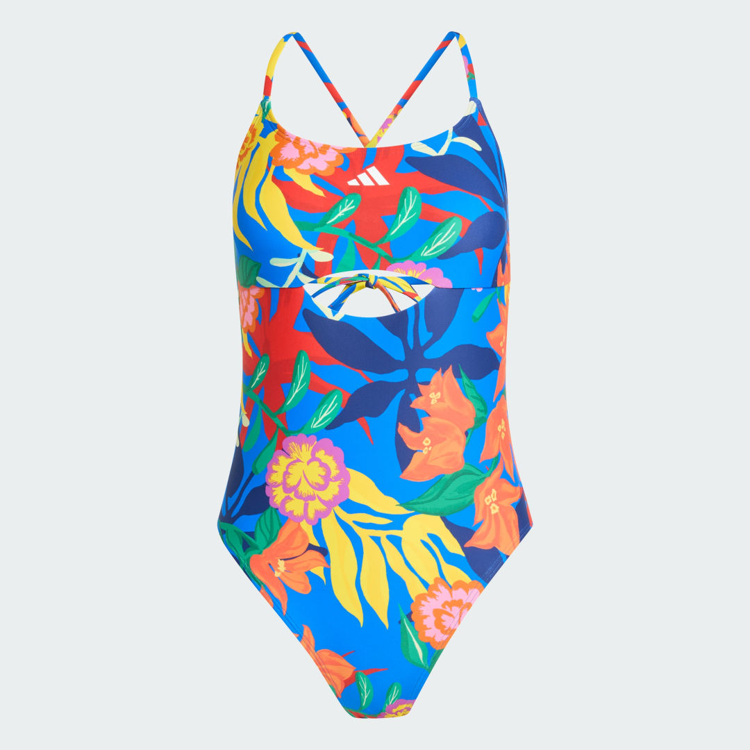 Detalle 2 de TRAJE DE BAÑO Adidas espalda anudada con diseño de flores mexicanas — azul