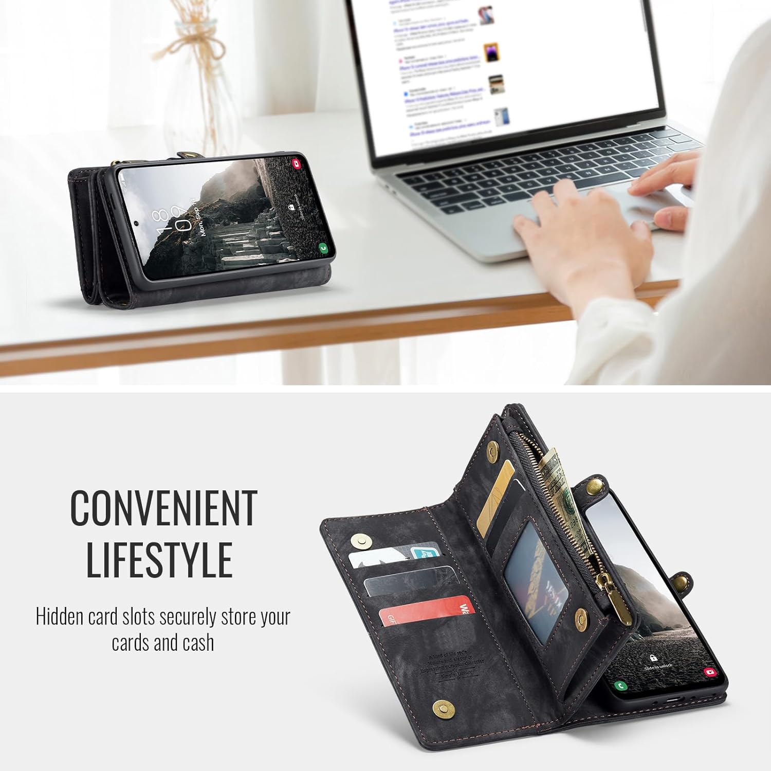 Thumbnail 4 de Asuwish Wallet Case with Magnetic Detachable Cover for Samsung Galaxy A56 5G — Black