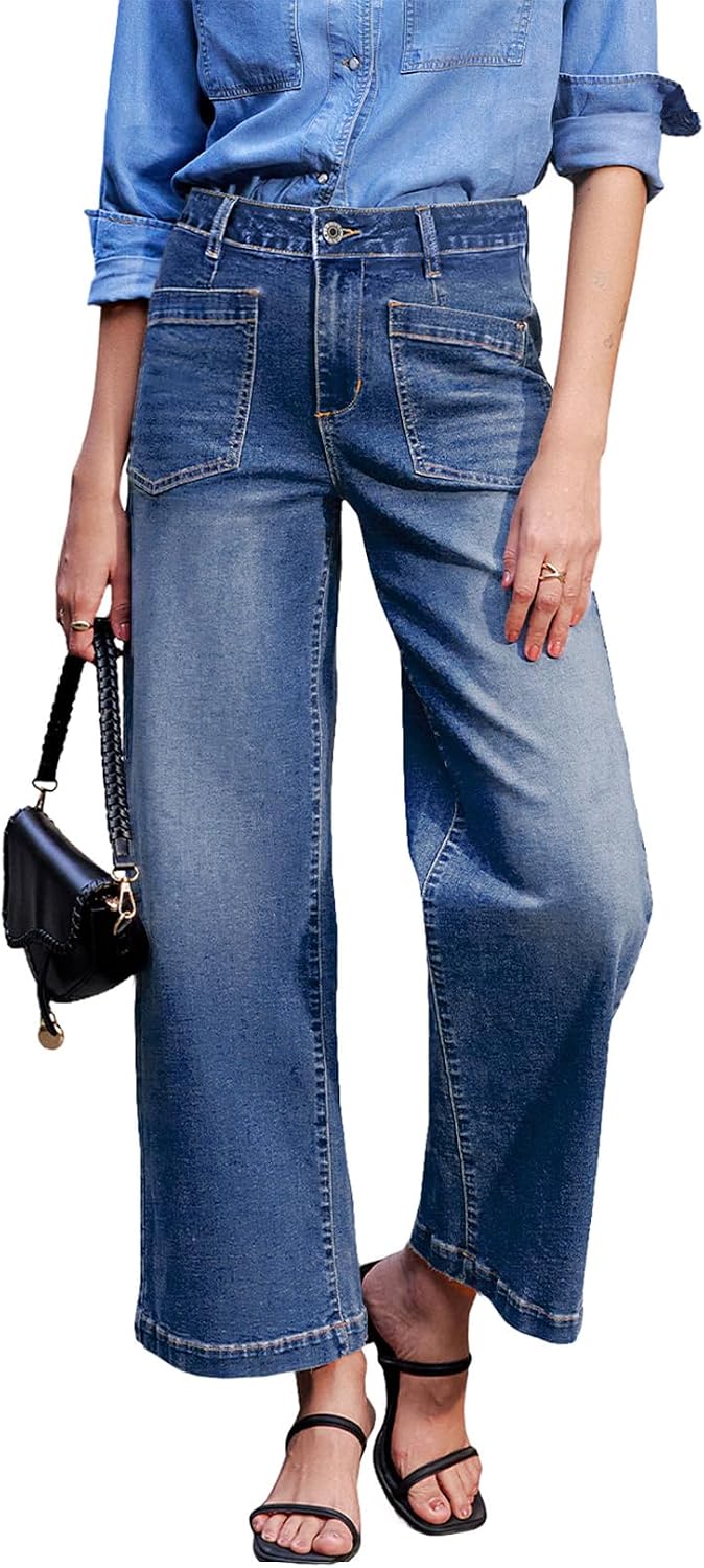Detalle de Sidefeel Women's Wide-Leg Jeans, High-Waisted Stretch Denim with Distressed Details