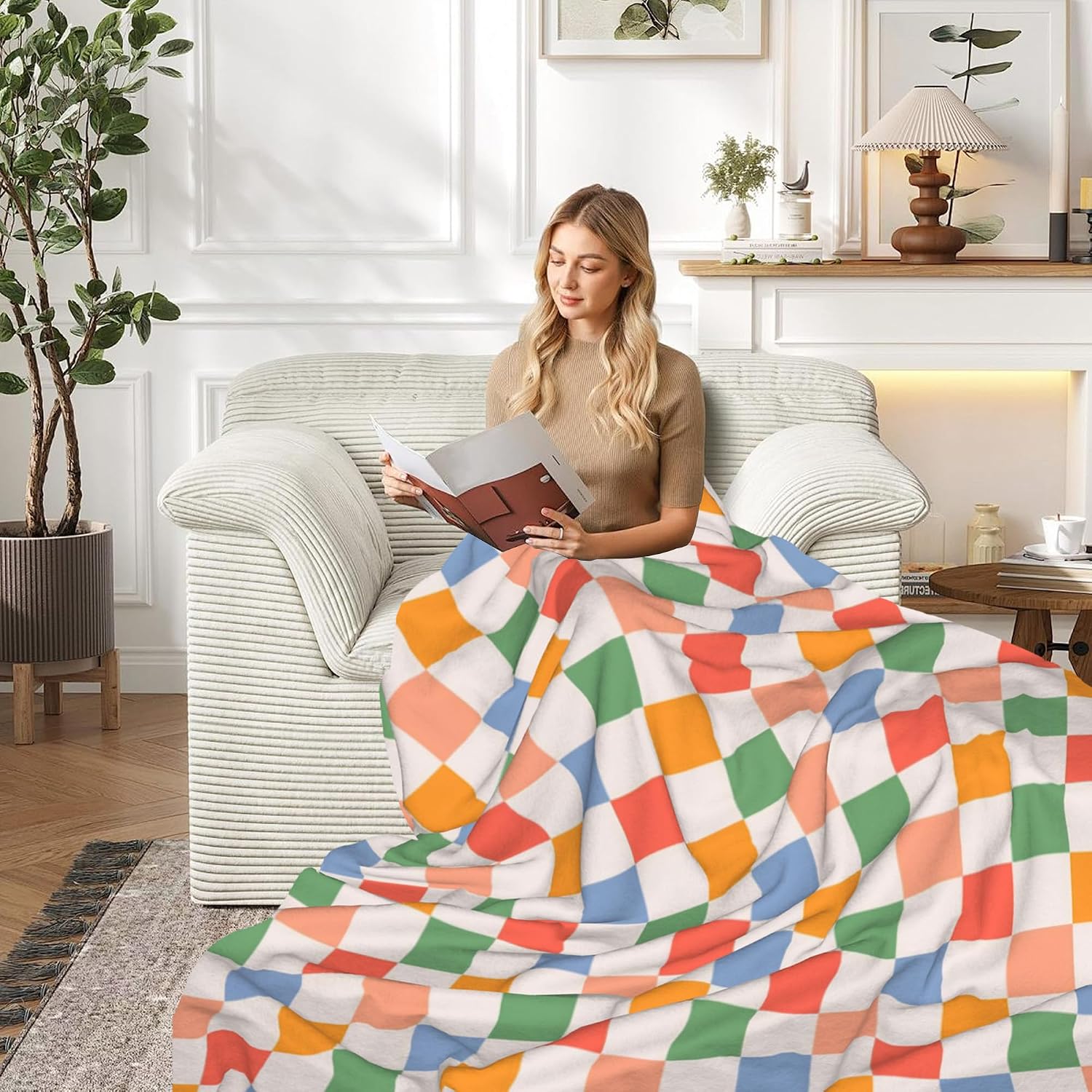 Thumbnail 4 de HUSITI Colorful Checkered Retro Wavy Flannel Blanket Throw — 50x60 inches