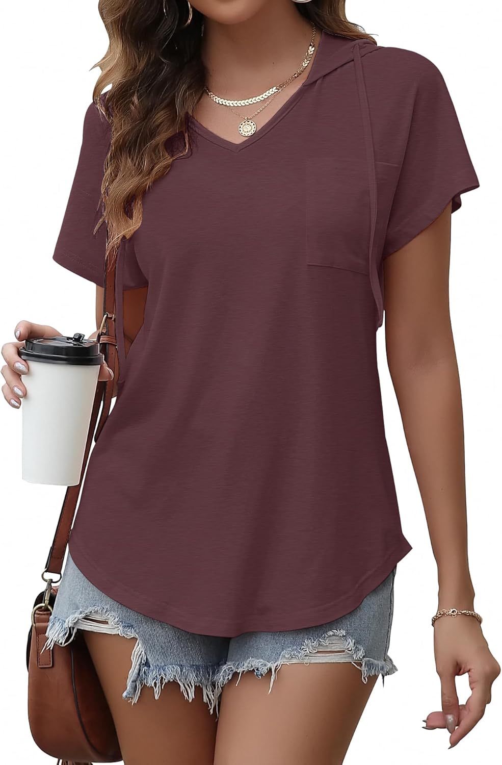 Thumbnail 5 de WNEEDU T-Shirt Donna Manica Corta con Cappuccio: felpa estiva morbida e versatile