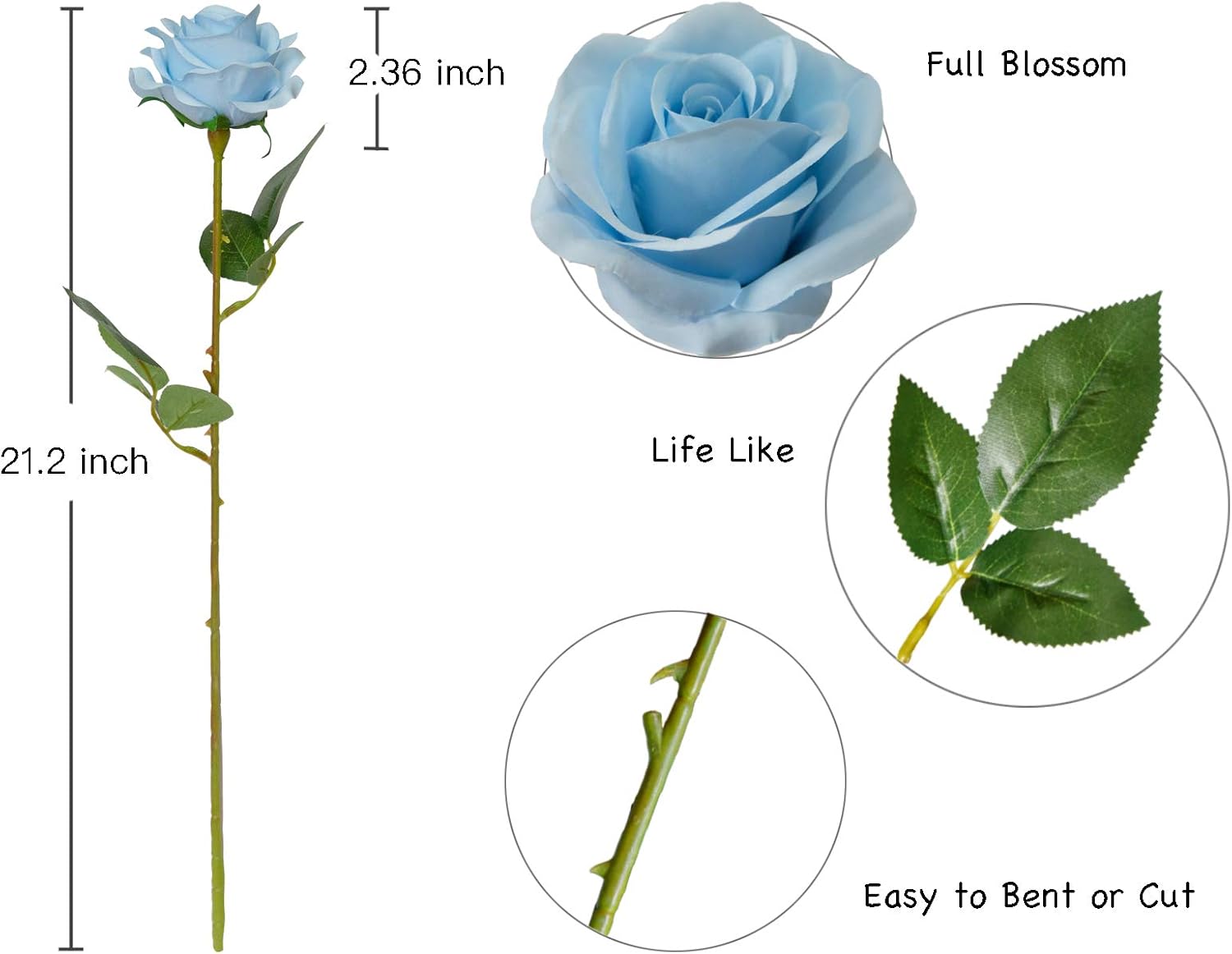 Thumbnail 4 de DuHouse 10-Piece Artificial Roses with Single Long Stems (Sky Blue) for Wedding Bouquets & Table Centres