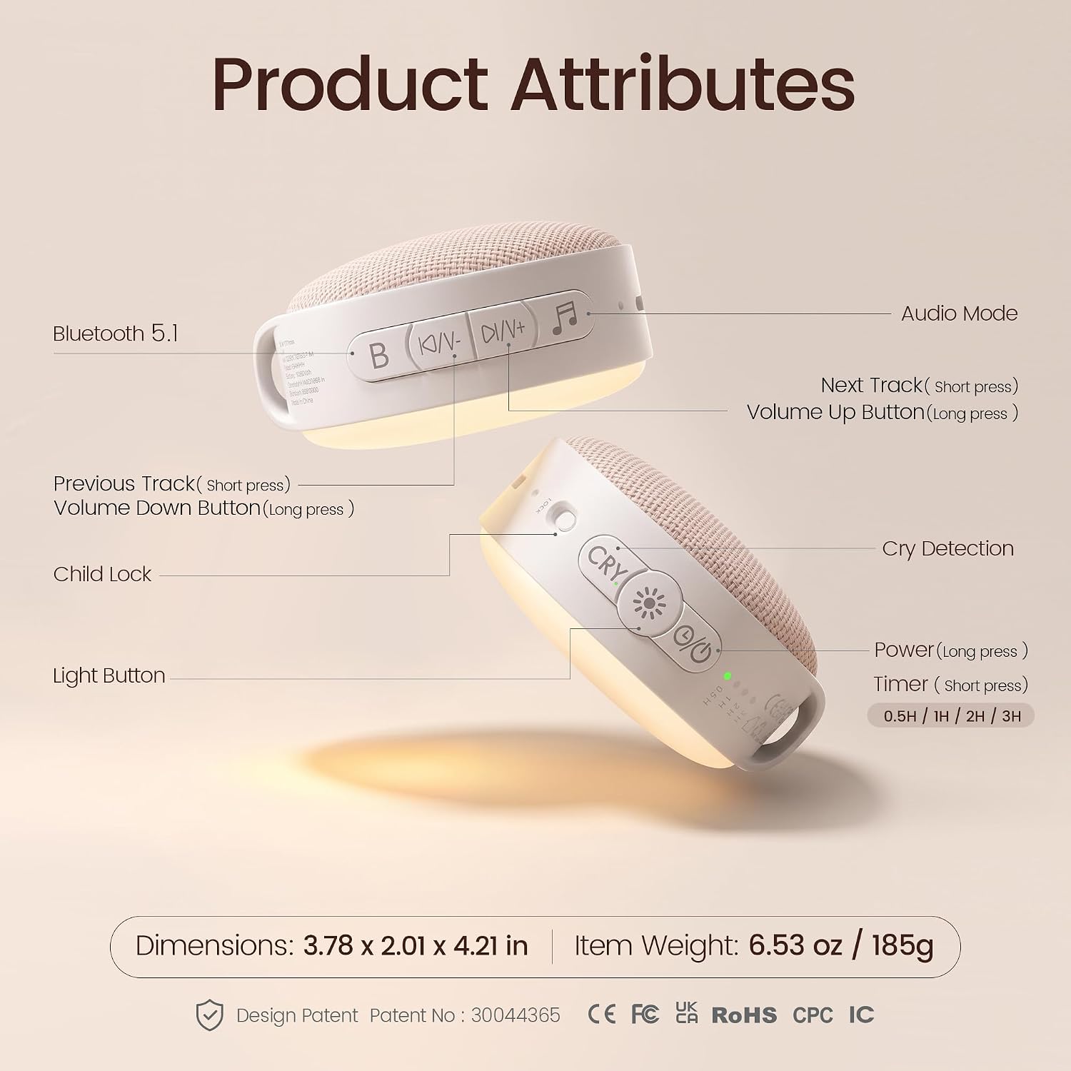 Thumbnail 6 de Glocusent CrySense Baby Sound Machine, 35 Sounds, 2700K Night Light