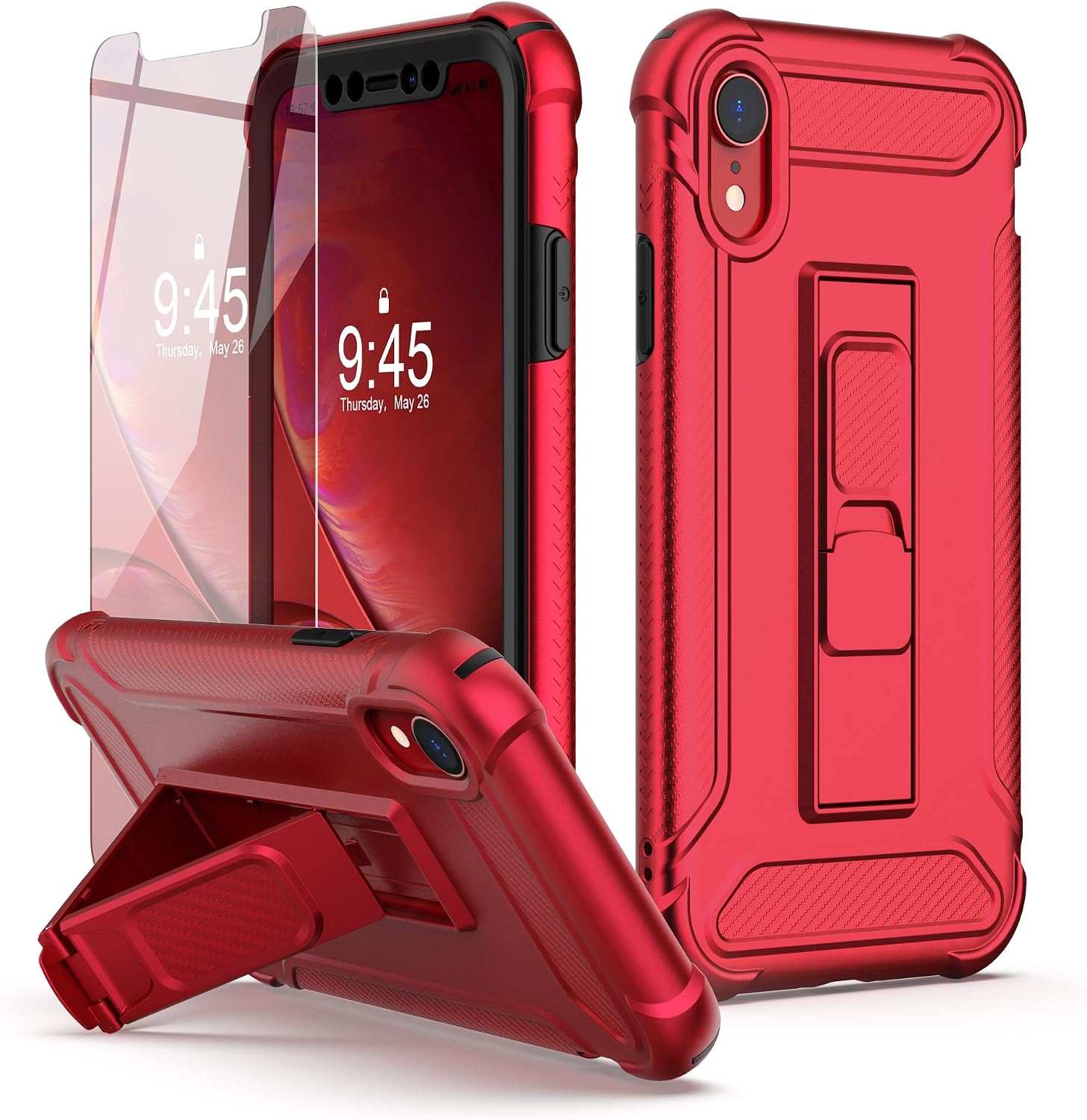 Detalle de ORETECH 5-in-1 Hülle für iPhone XR (6,1") mit 2 Schutzfolien, Ständer und Vollschutz – Rot