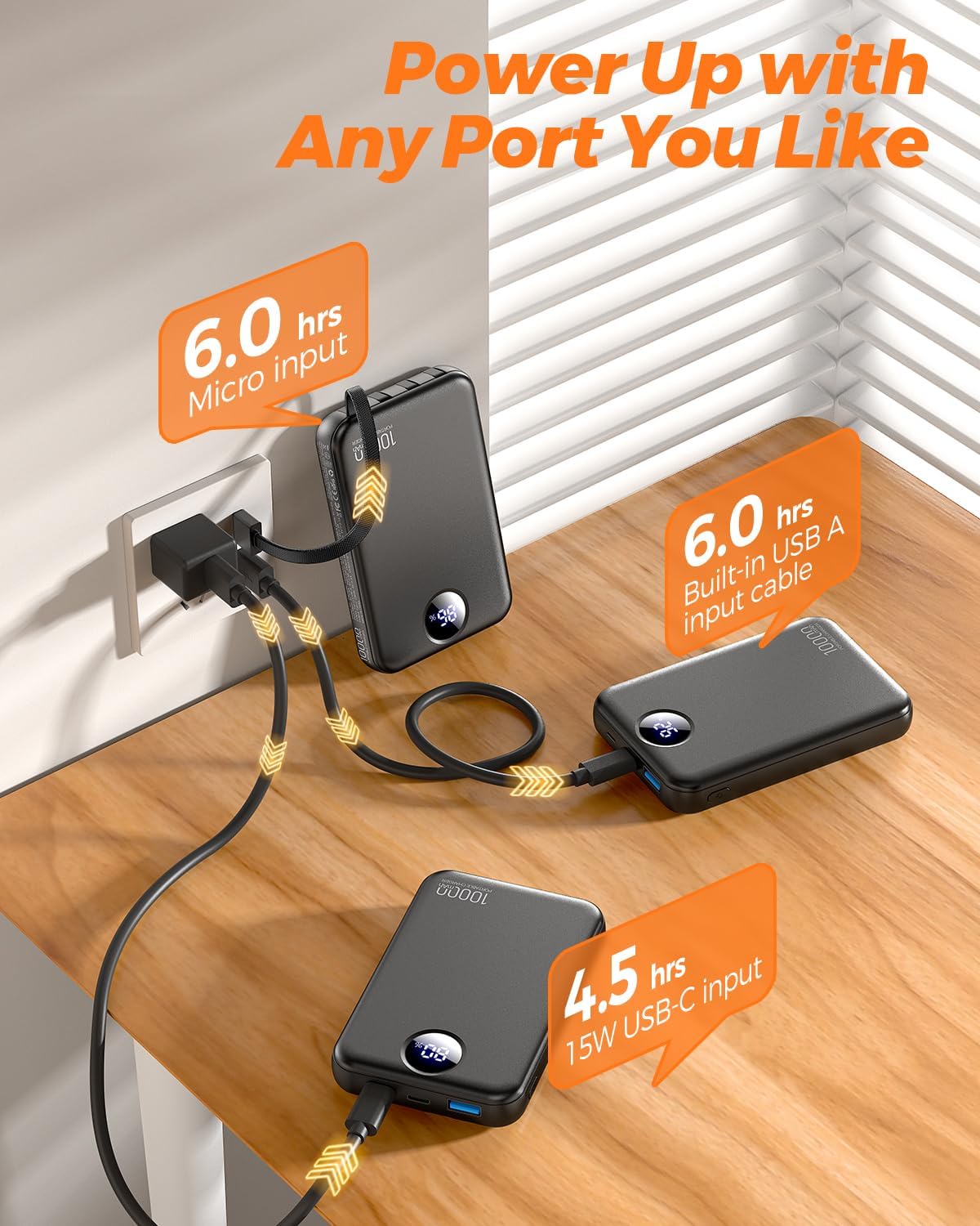 Thumbnail 6 de Portable Charger 10000mAh Power Bank with Built-in Cables and LCD Display